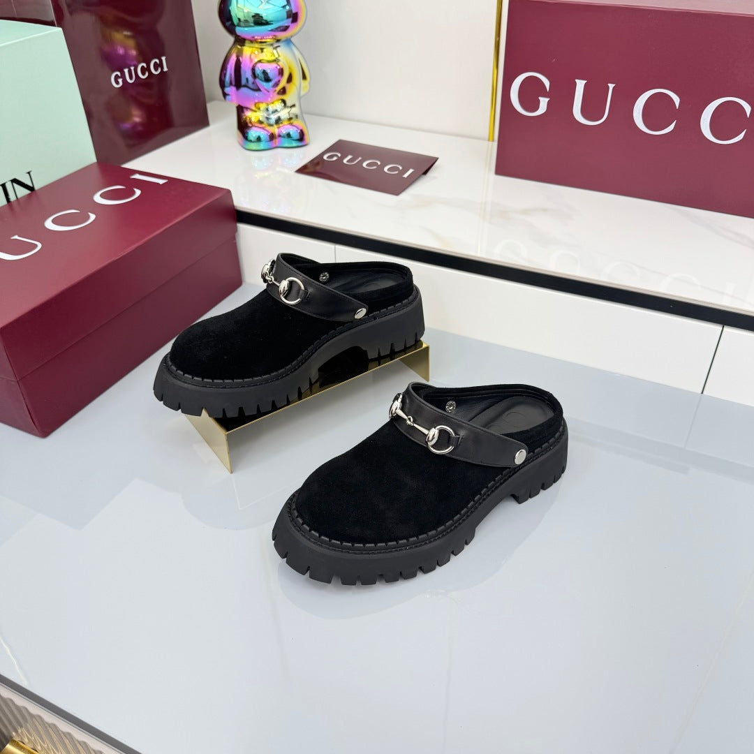 GG PLATFORM MULES 25S IN BLACK SUEDE - 35