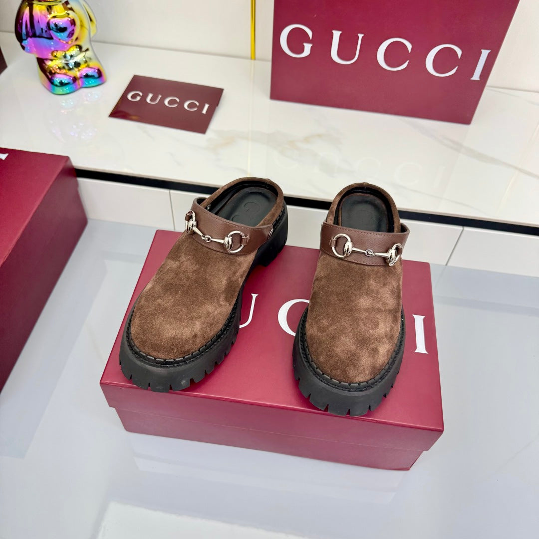 GG PLATFORM MULES 25S IN BROWN SUEDE - 35