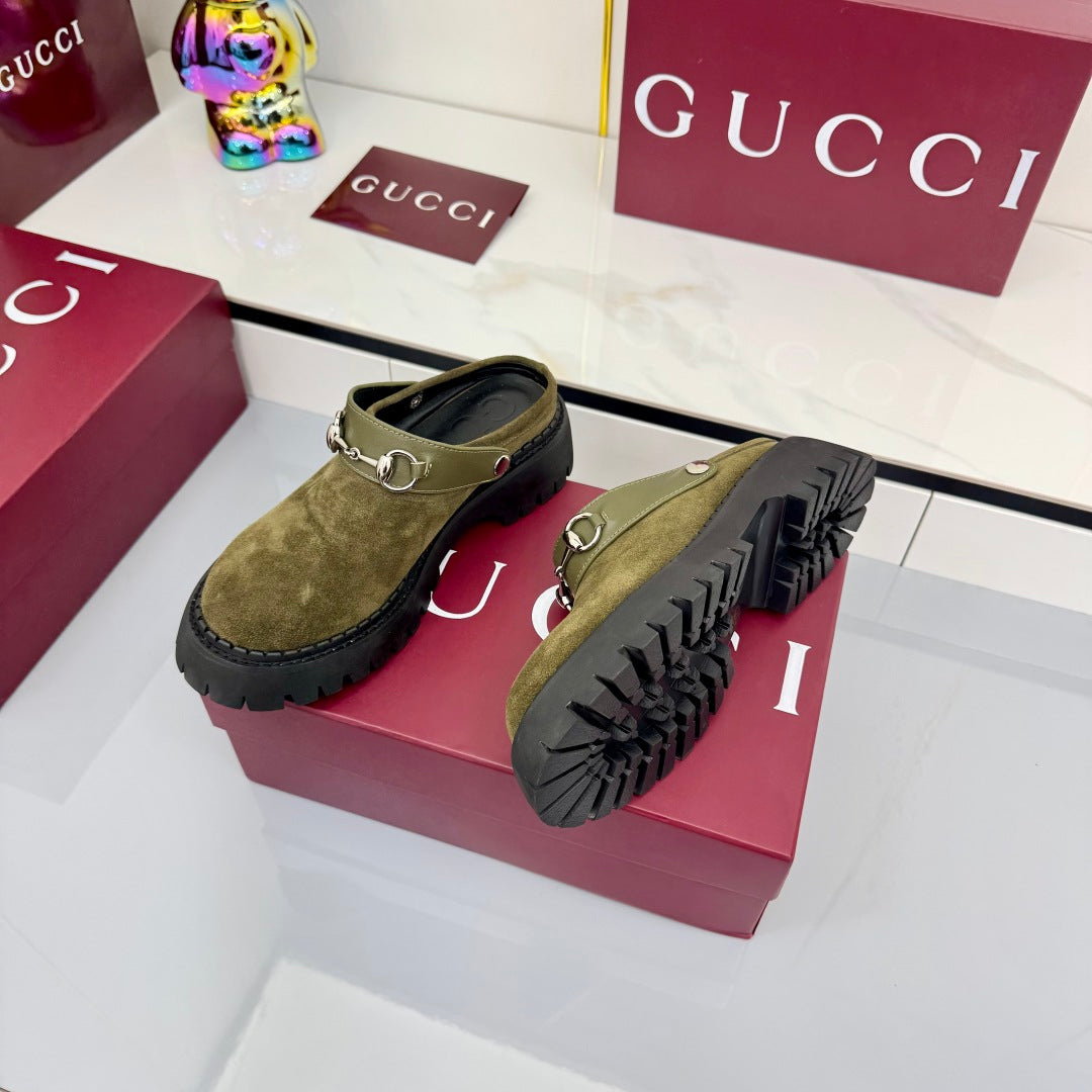 GG PLATFORM MULES 25S IN MOSS GREEN SUEDE - 35
