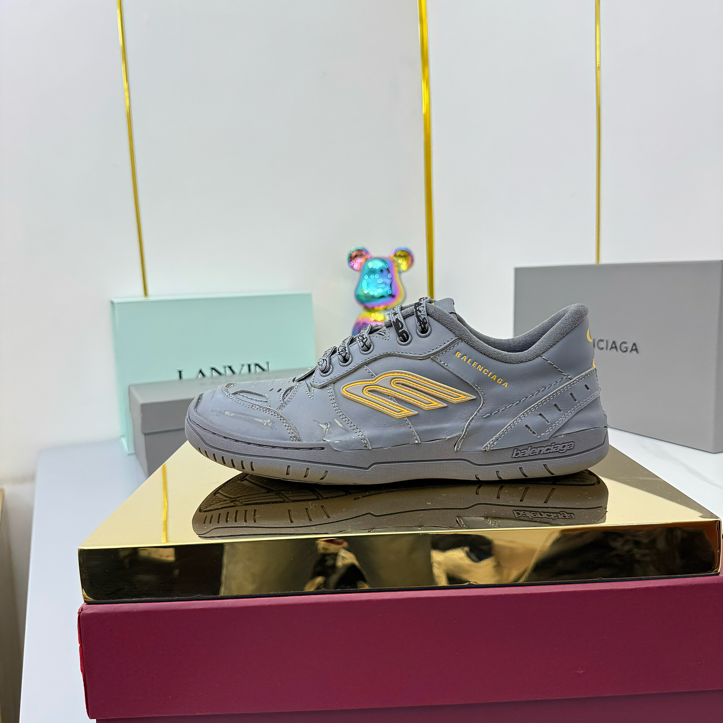 BALENCIAGA 25S SNEAKERS IN DARK GREY MIX YELLOW LEATHER - 35