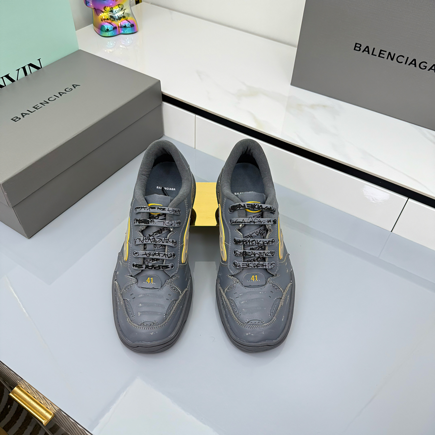 BALENCIAGA 25S SNEAKERS IN DARK GREY MIX YELLOW LEATHER - 35