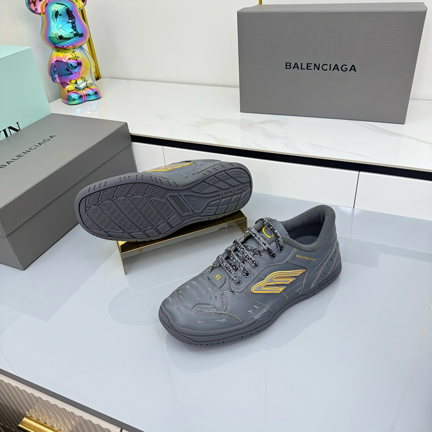 BALENCIAGA 25S SNEAKERS IN DARK GREY MIX YELLOW LEATHER - 35