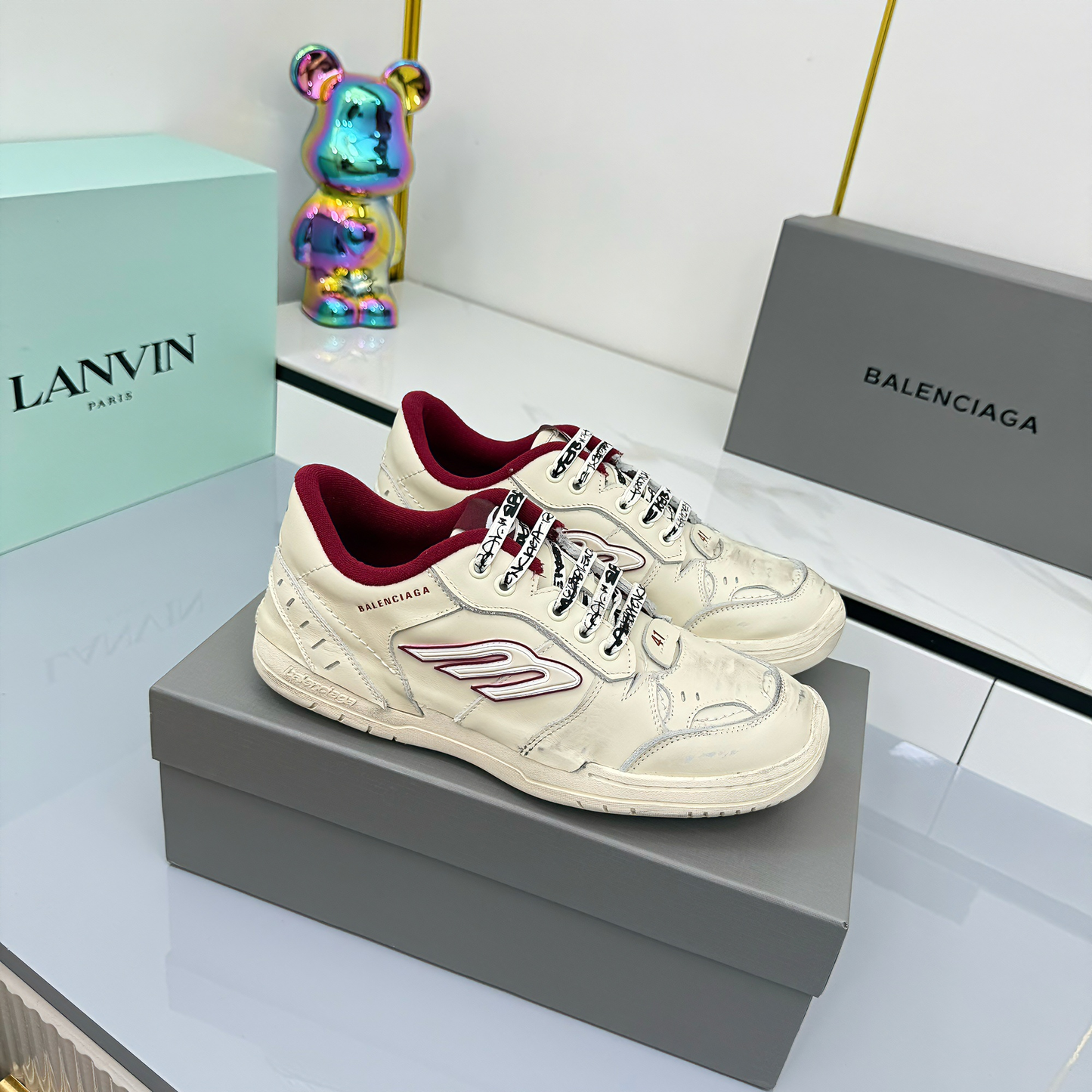 BALENCIAGA 25S SNEAKERS IN CREAM WHITE MIX RED LEATHER - 35
