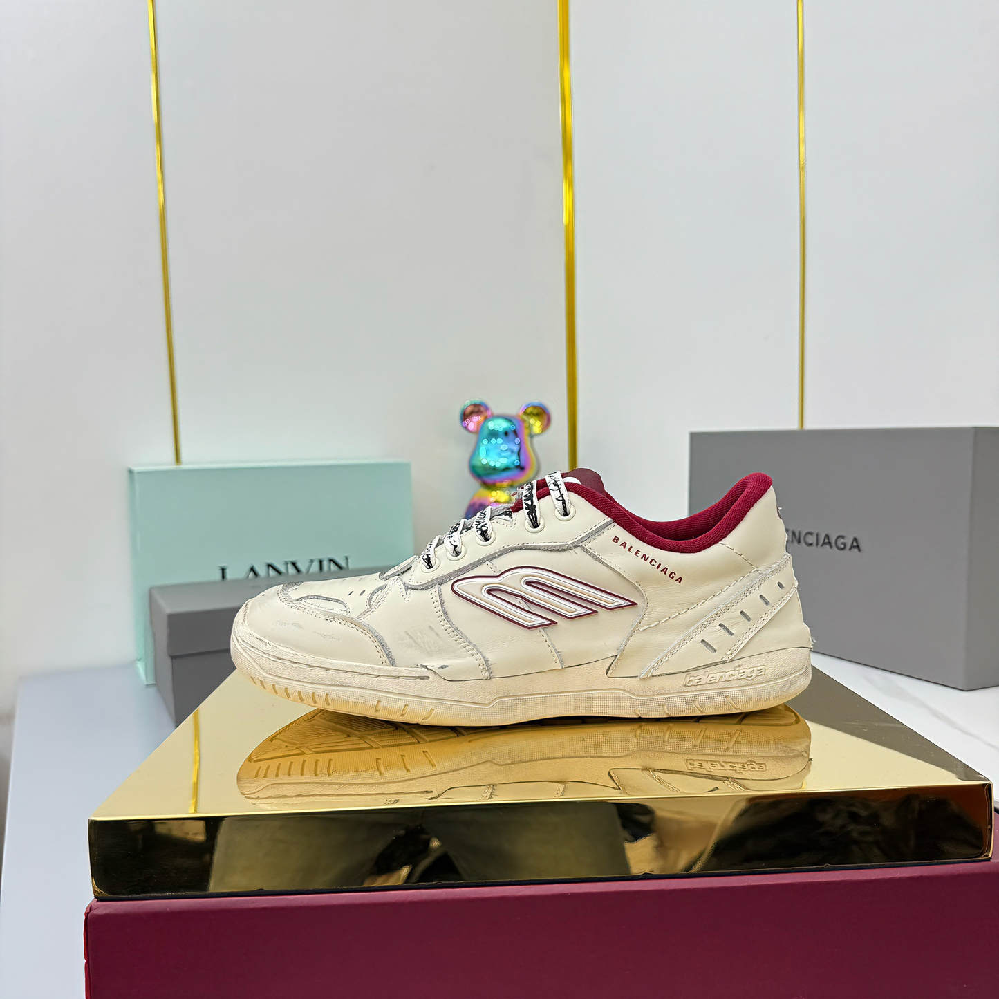 BALENCIAGA 25S SNEAKERS IN CREAM WHITE MIX RED LEATHER - 35
