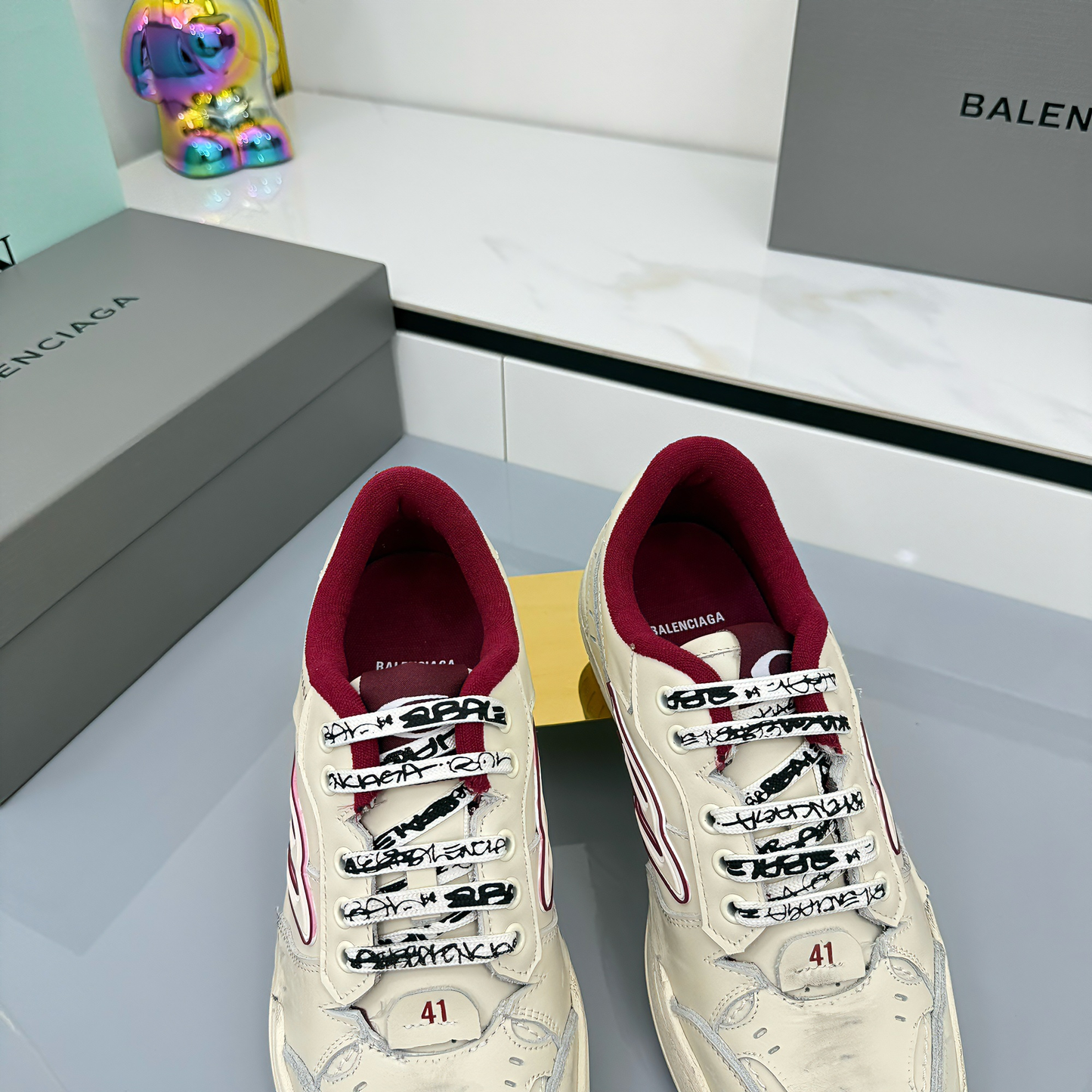 BALENCIAGA 25S SNEAKERS IN CREAM WHITE MIX RED LEATHER - 35