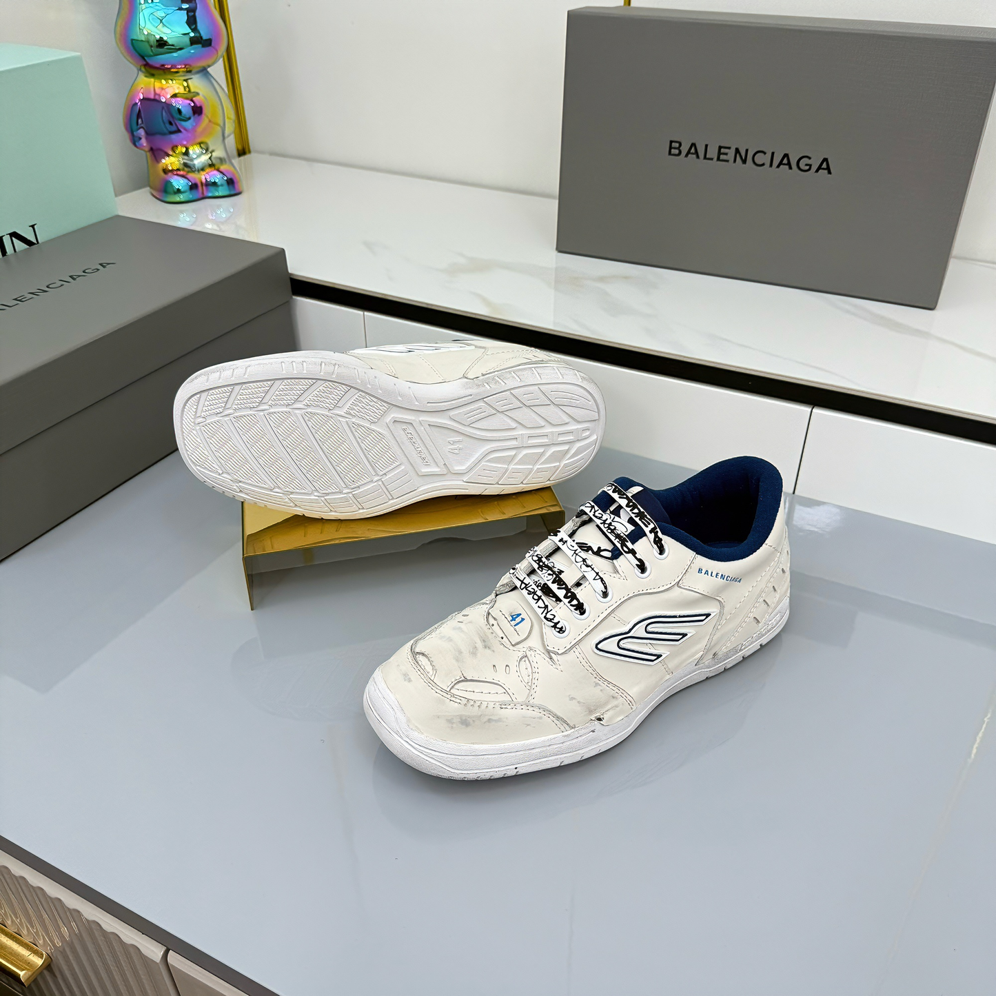 BALENCIAGA 25S SNEAKERS IN WHITE MIX DARK BLUE LEATHER - 35