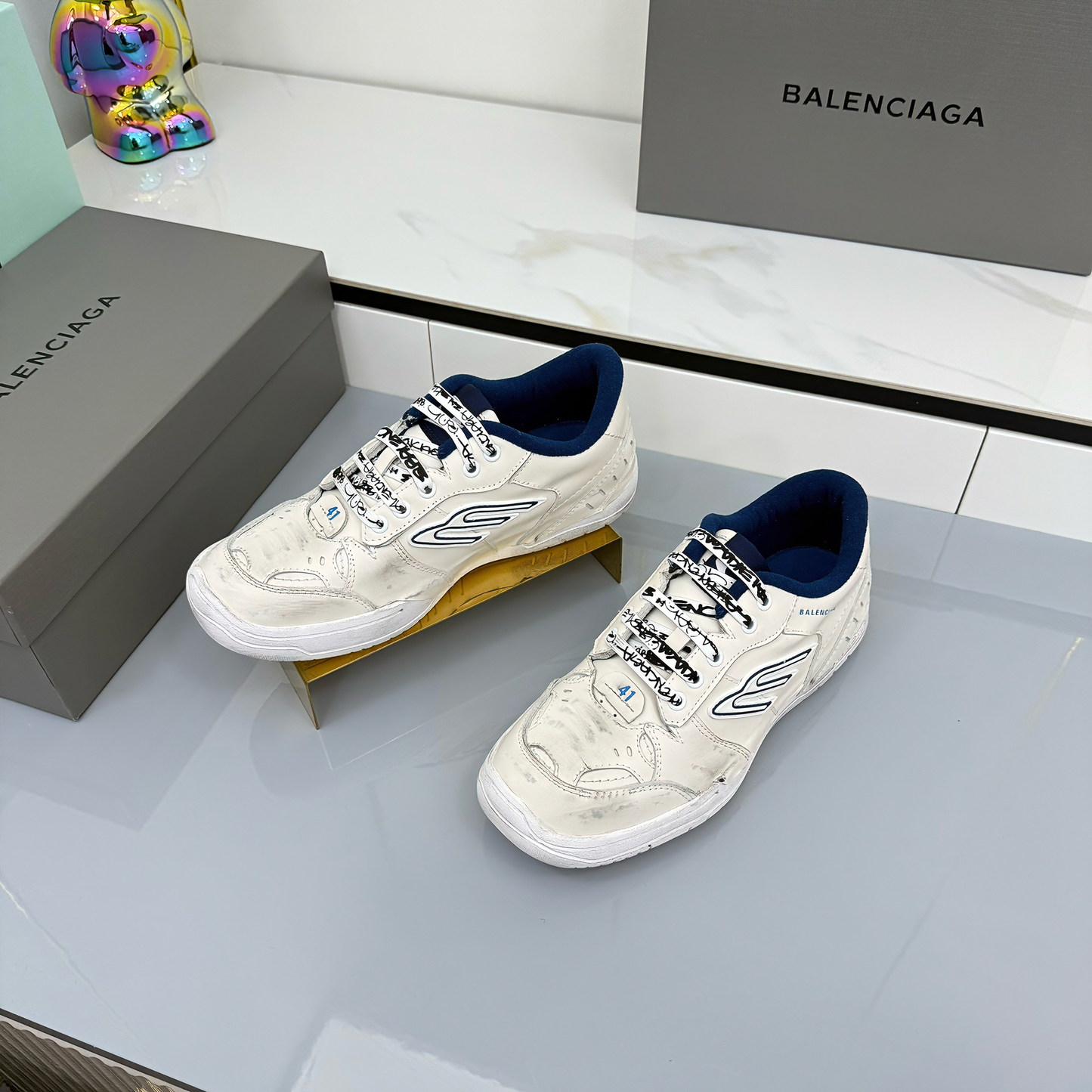BALENCIAGA 25S SNEAKERS IN WHITE MIX DARK BLUE LEATHER - 35