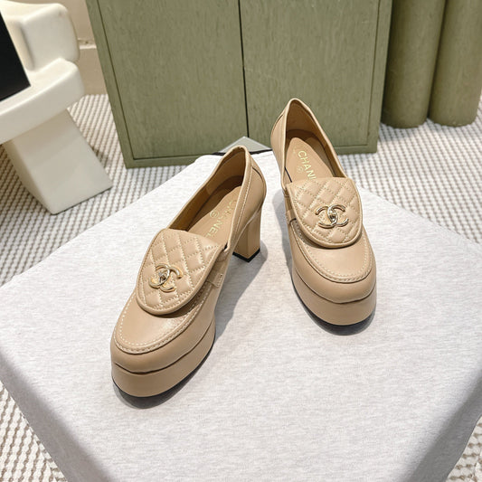 CHANEL 25S HIGH-HEELED MOCCASINS 80MM IN LIGHT TAN CALFSKIN GOLD HARDWARE - 35