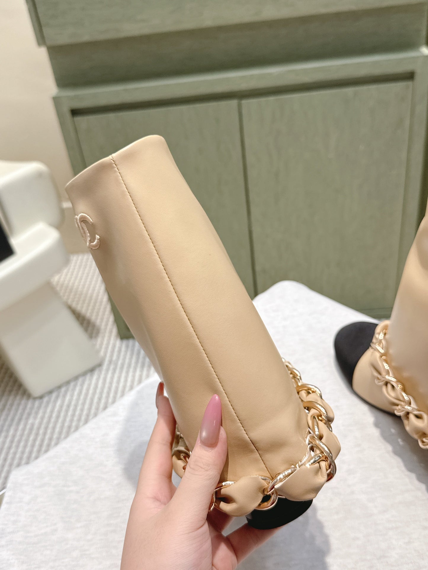 CHANEL 25S CALF-LENGTH BOOTS 45MM IN BEIGE AND BLACK CALFSKIN GOLD HARDWARE - 35