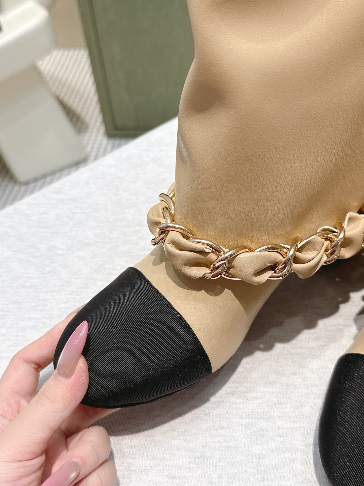 CHANEL 25S CALF-LENGTH BOOTS 45MM IN BEIGE AND BLACK CALFSKIN GOLD HARDWARE - 35