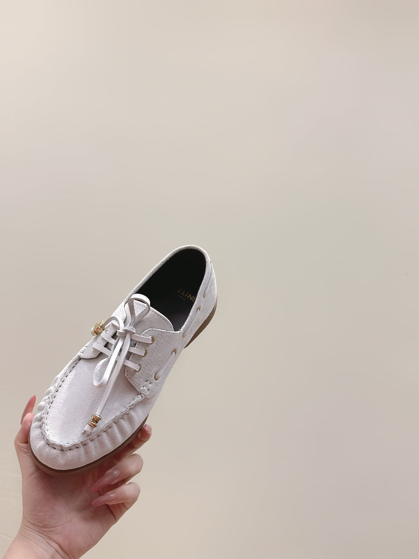 CELINE 26S LACE-UP LOAFERS IN OFF-WHITE BEIGE SUEDE