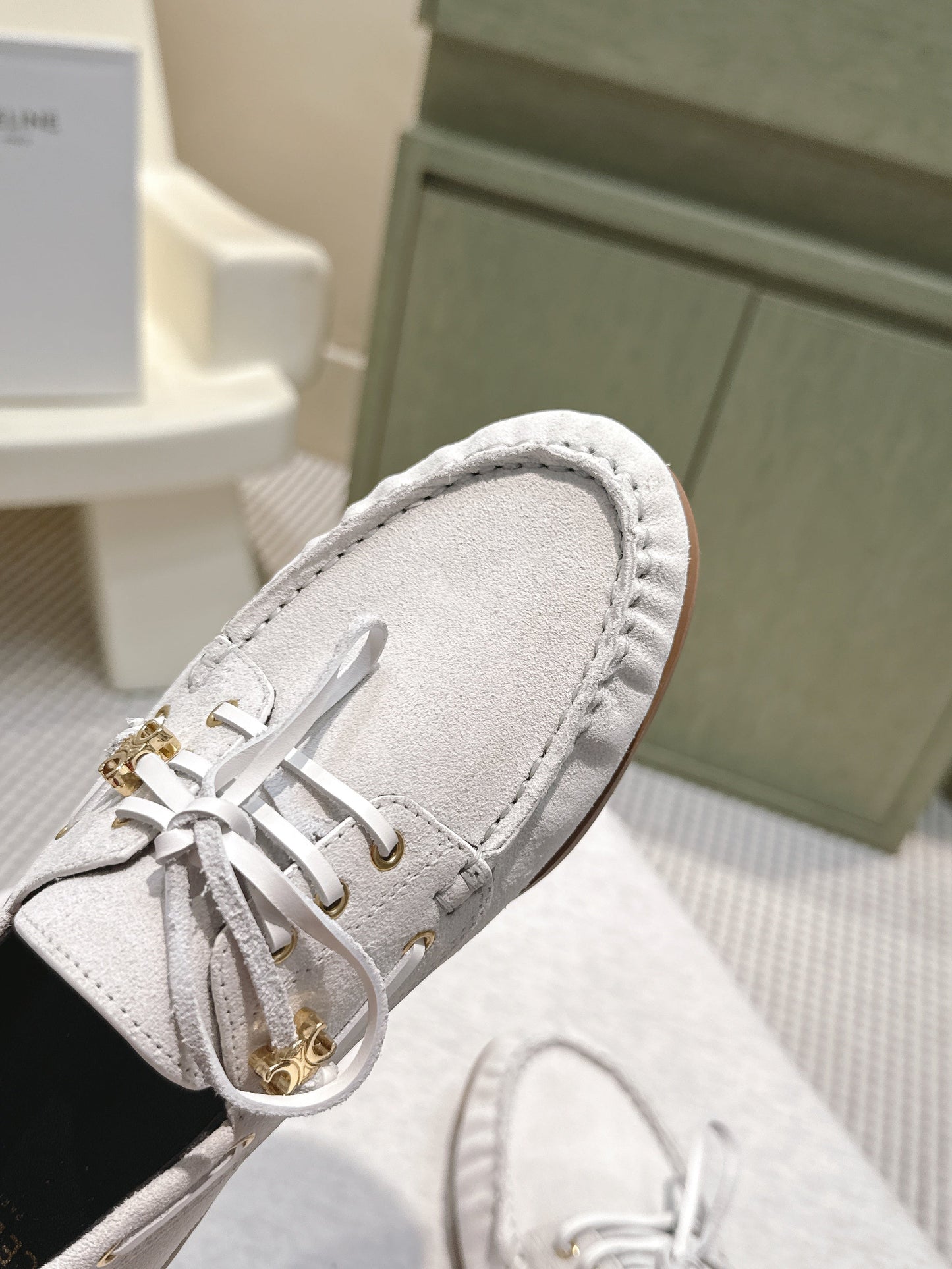 CELINE 26S LACE-UP LOAFERS IN OFF-WHITE BEIGE SUEDE