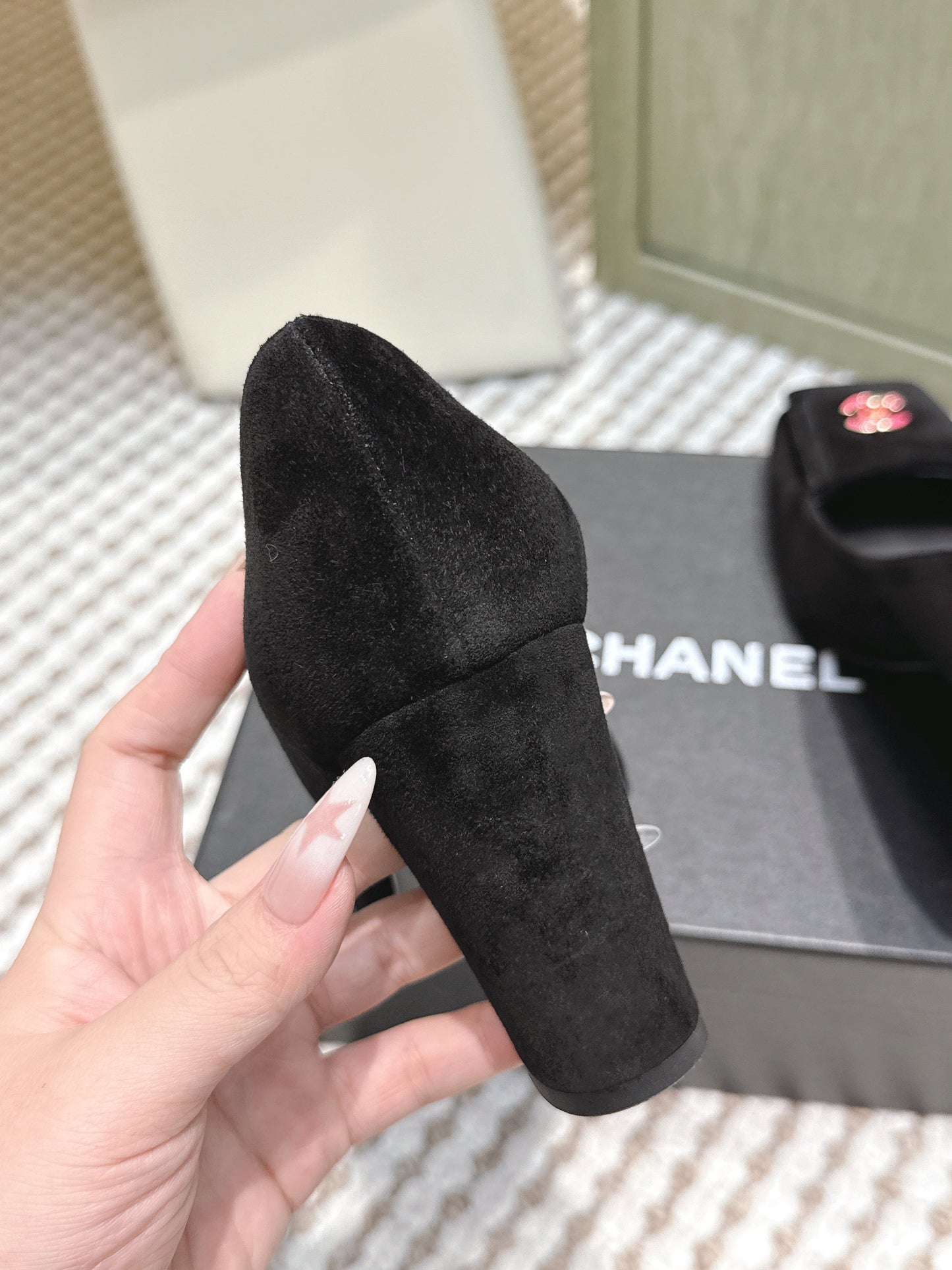 CHANEL 25S SLINGBACK SHOES 90MM IN BLACK SUEDE SQUARE TOE PINK HARDWARE - 35