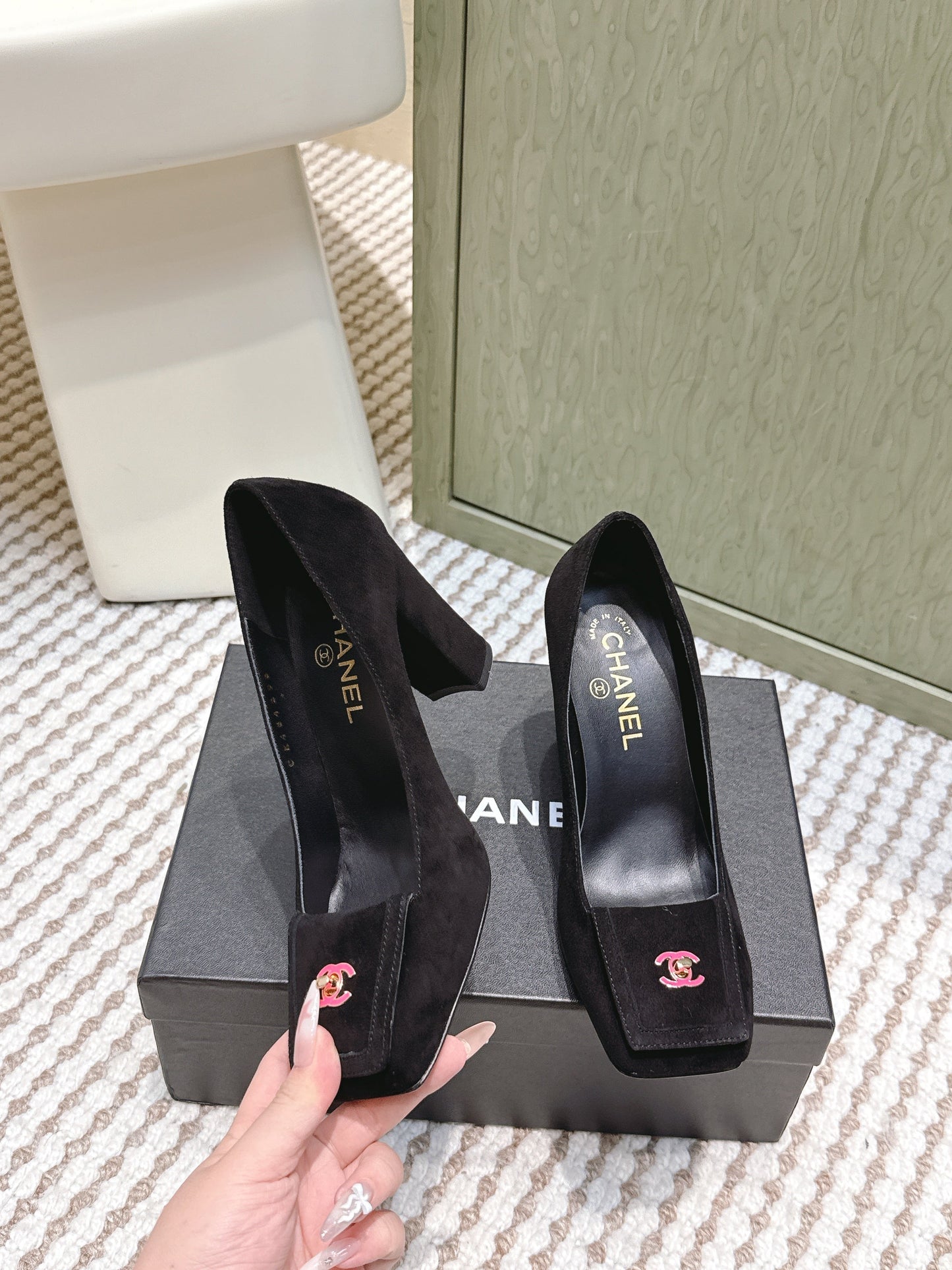 CHANEL 25S SLINGBACK SHOES 90MM IN BLACK SUEDE SQUARE TOE PINK HARDWARE - 35