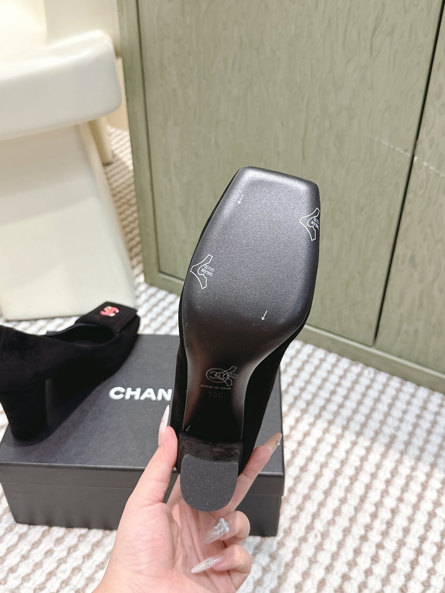 CHANEL 25S SLINGBACK SHOES 90MM IN BLACK SUEDE SQUARE TOE PINK HARDWARE - 35