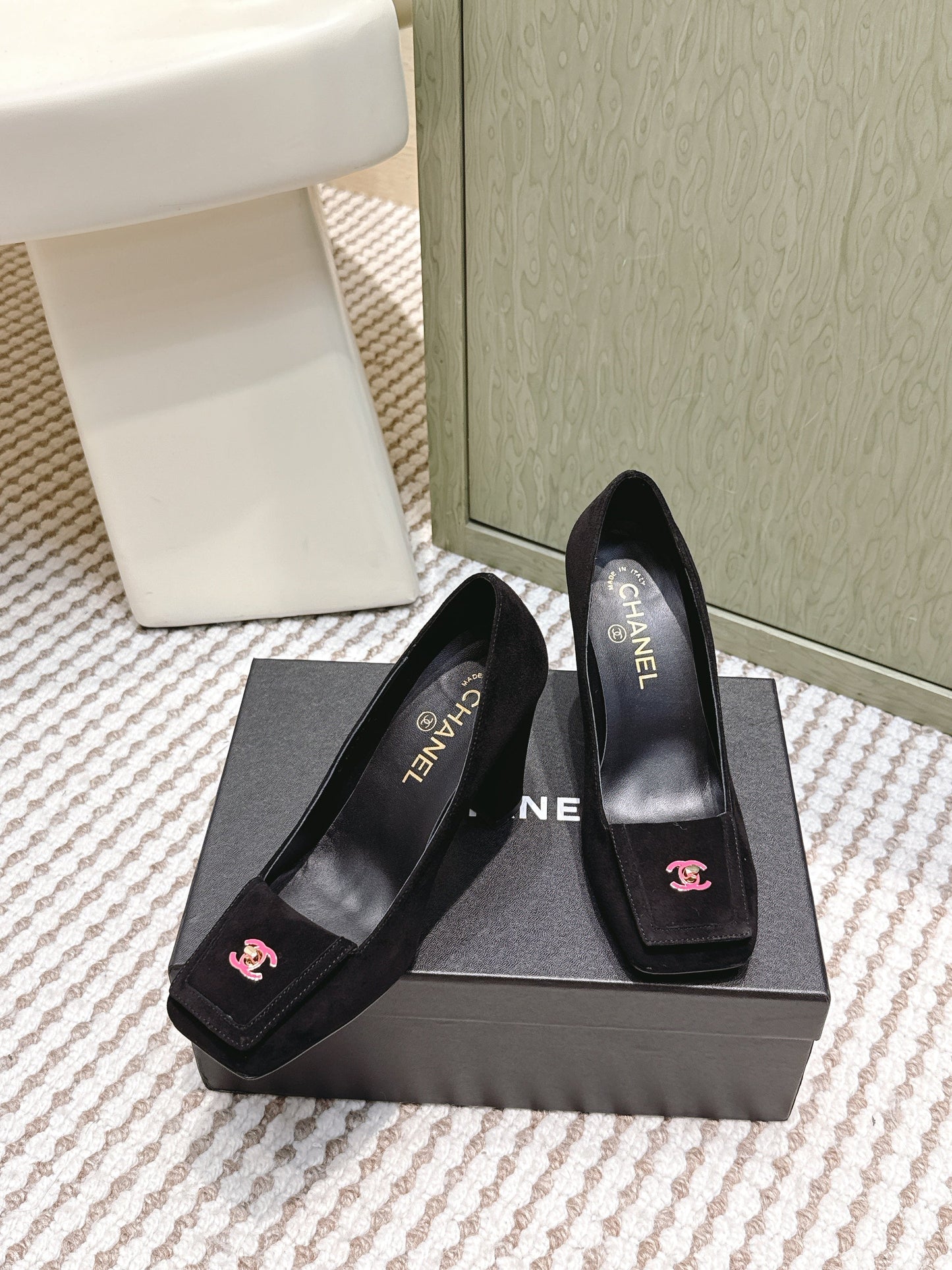 CHANEL 25S SLINGBACK SHOES 90MM IN BLACK SUEDE SQUARE TOE PINK HARDWARE - 35