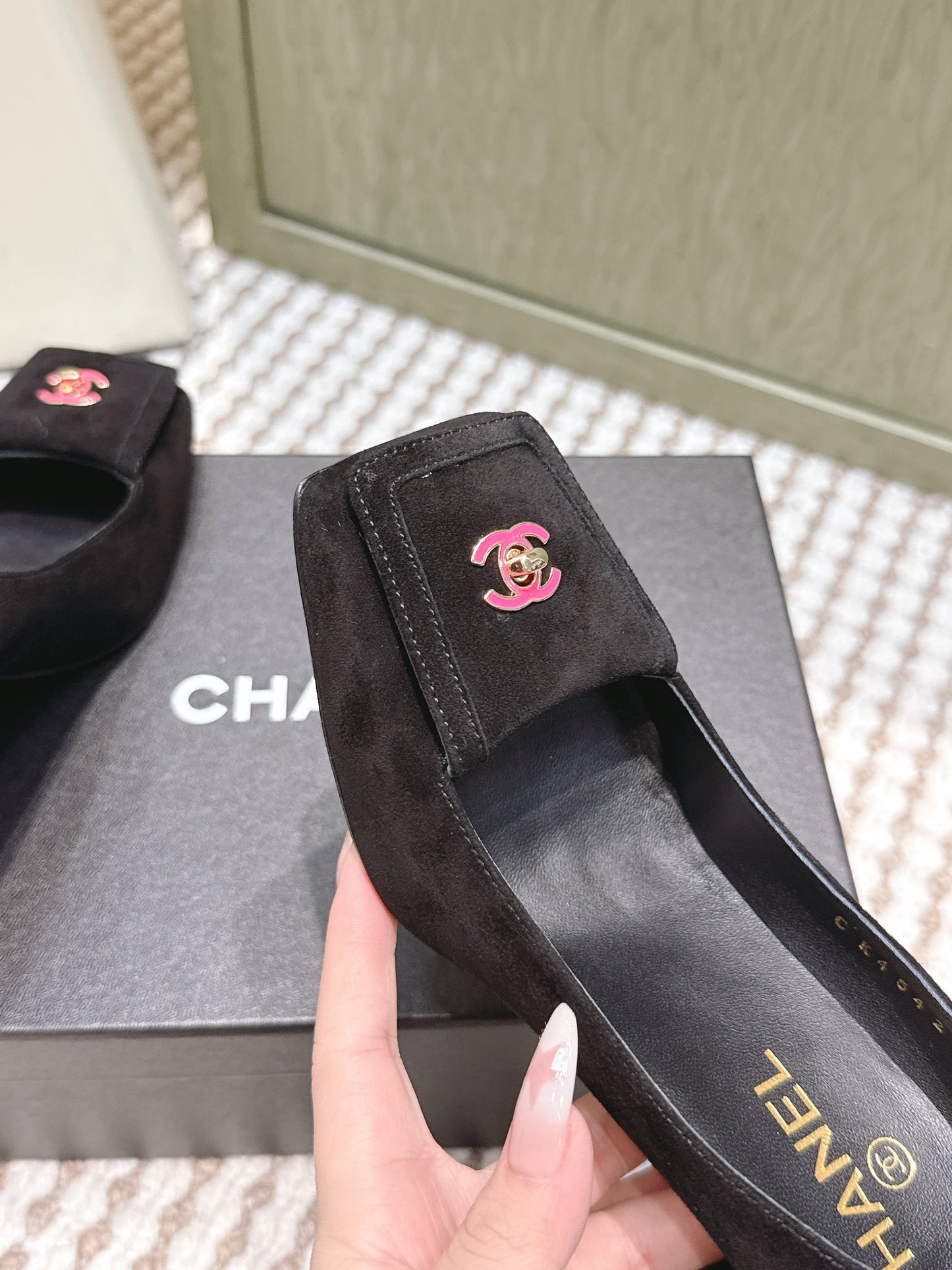 CHANEL 25S SLINGBACK SHOES 90MM IN BLACK SUEDE SQUARE TOE PINK HARDWARE - 35