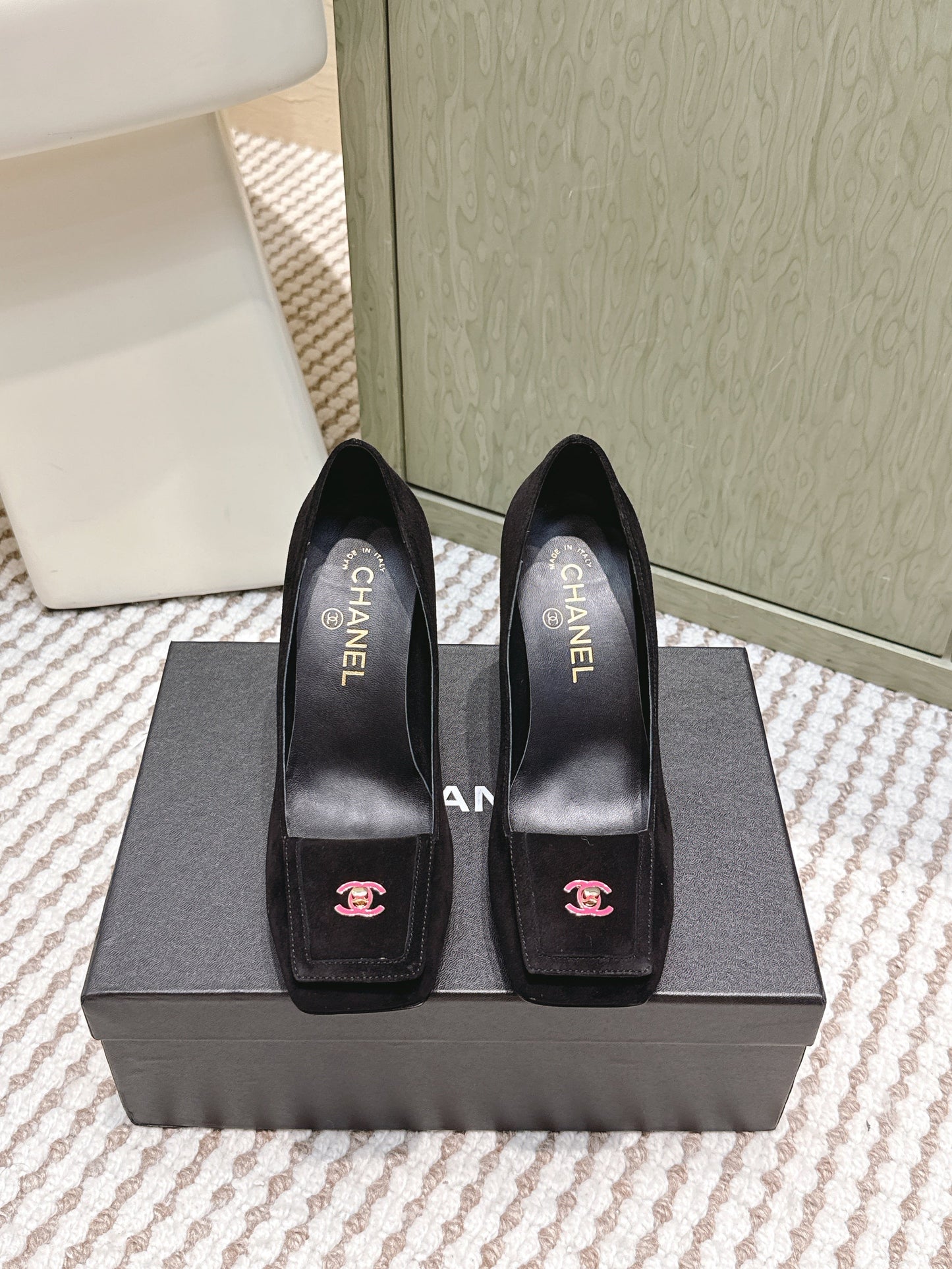 CHANEL 25S SLINGBACK SHOES 90MM IN BLACK SUEDE SQUARE TOE PINK HARDWARE - 35