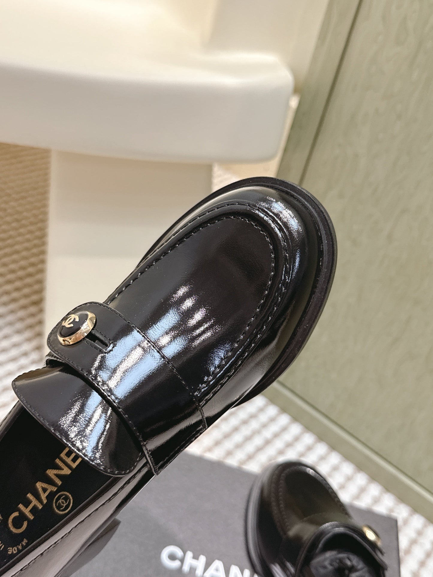 CHANEL 25S GODDESS MOCCASIN LOAFERS 65MM IN BLACK GLOSSY CALFSKIN GOLD HARDWARE - 35