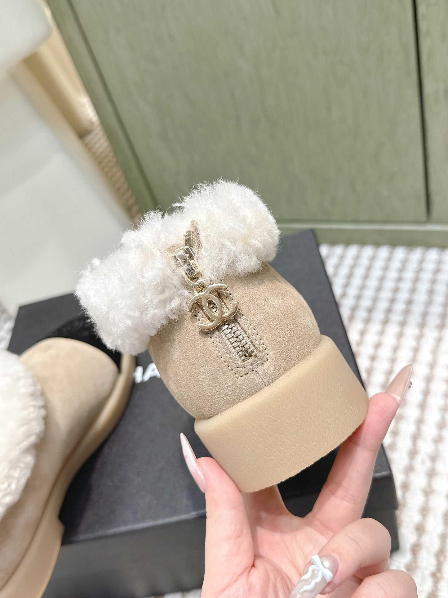 CHANEL 25S SHORT SUEDE BOOTS IN BEIGE AND BLACK WITH SHEEPSKIN LINING - 35