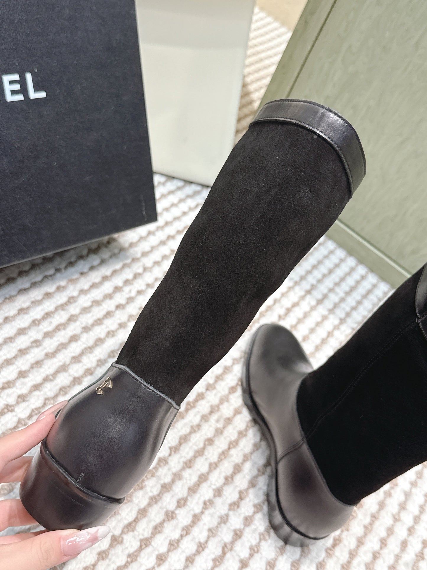 CHANEL 25S MID-CALF BOOTS IN BLACK SUEDE MIX CALFSKIN - 35
