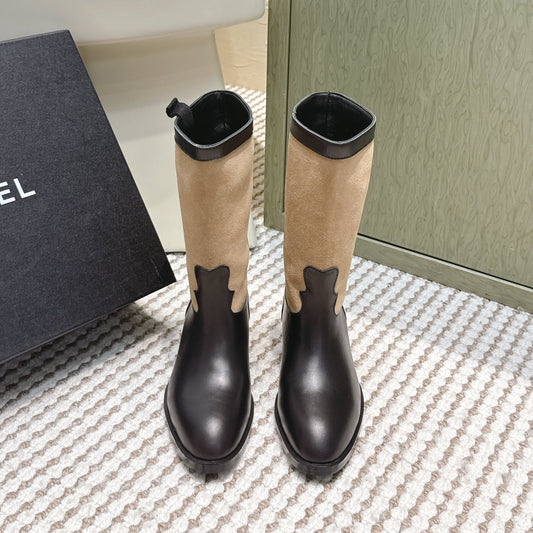 CHANEL 25S MID-CALF BOOTS IN TAN BROWN SUEDE MIX BLACK CALFSKIN - 35