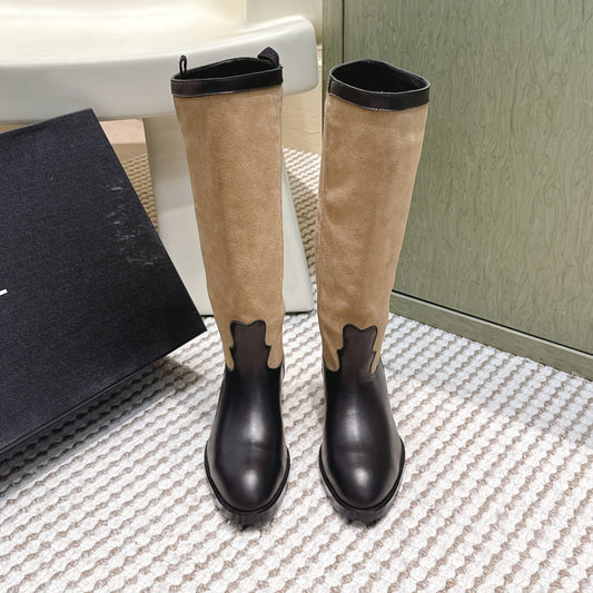 CHANEL 25S KNEE-HIGH BOOTS IN TAN BROWN SUEDE MIX BLACK CALFSKIN - 35