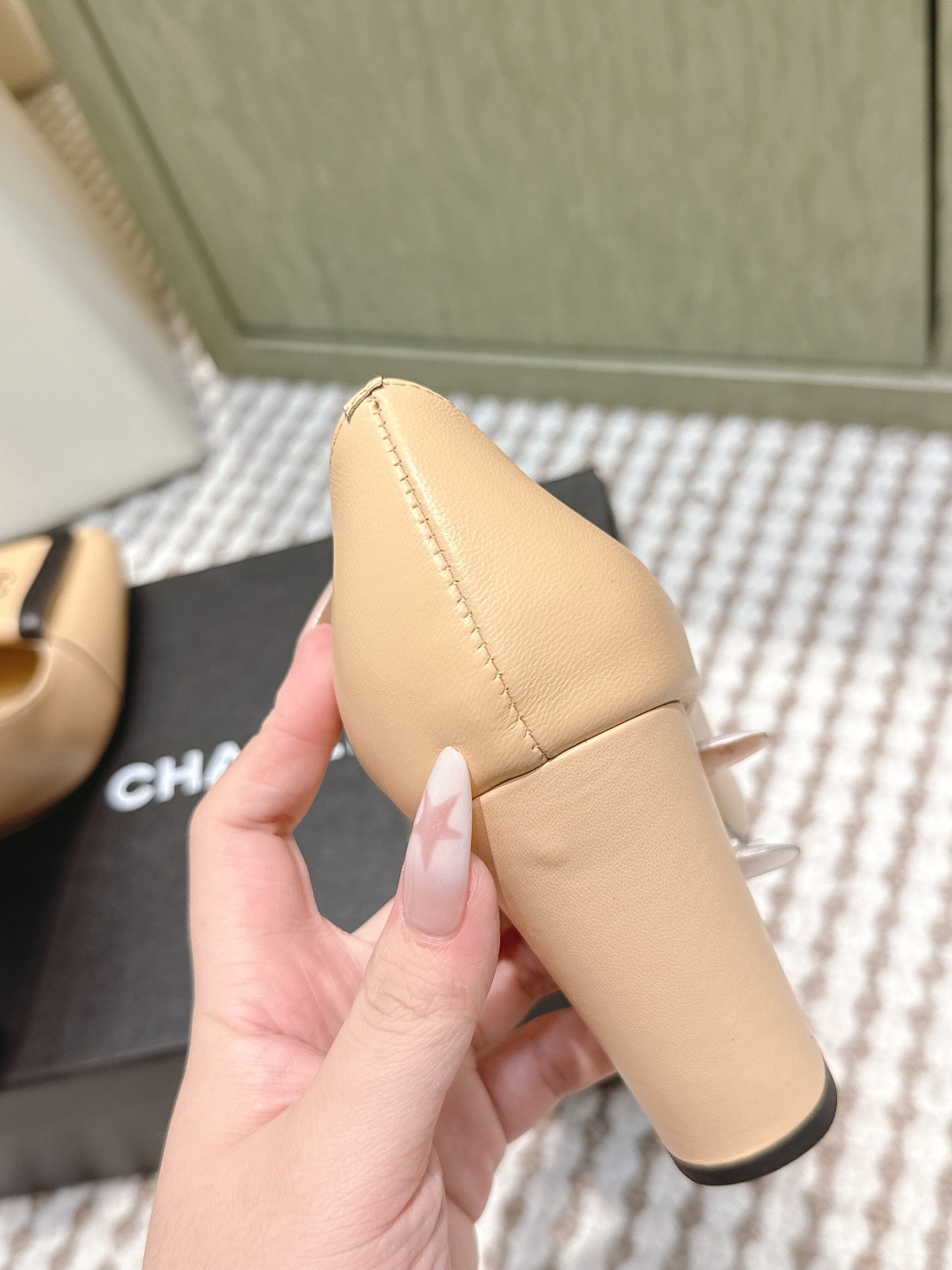 CHANEL 25S SLINGBACK SHOES 90MM IN BEIGE CALFSKIN SQUARE TOE GOLD HARDWARE - 35