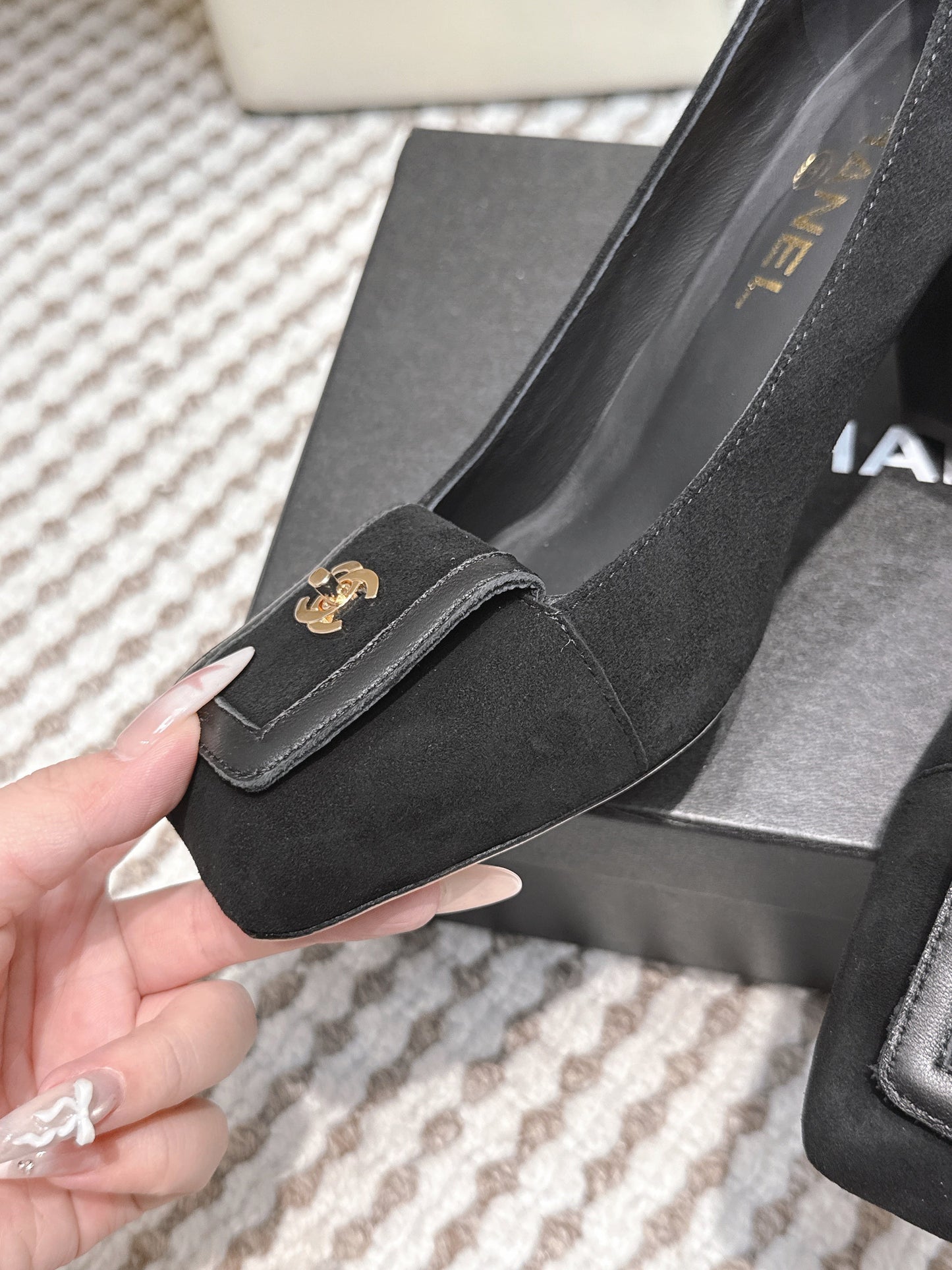 CHANEL 25S SLINGBACK SHOES 90MM IN BLACK SUEDE SQUARE TOE GOLD HARDWARE - 35