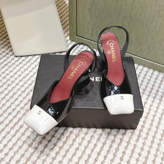 CHANEL 25S HIGH-HEELED SQUARE-TOE SLINGBACK 90MM IN BLACK AND WHITE CALFSKIN - 35