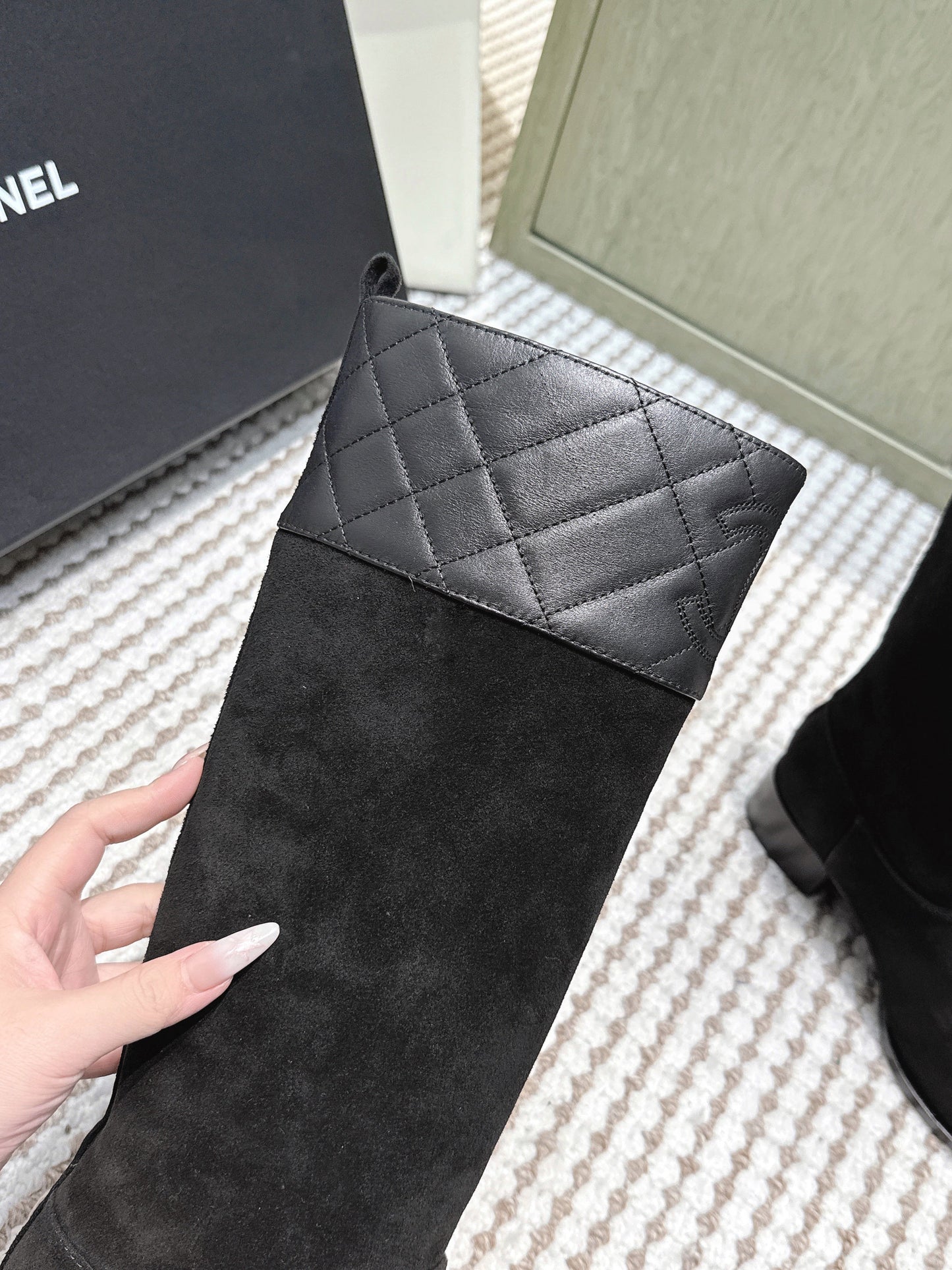 CHANEL 25S HIGH-CALF COWBOY BOOTS IN BLACK SUEDE AND CALFSKIN DIAMOND-QUILTED - 35