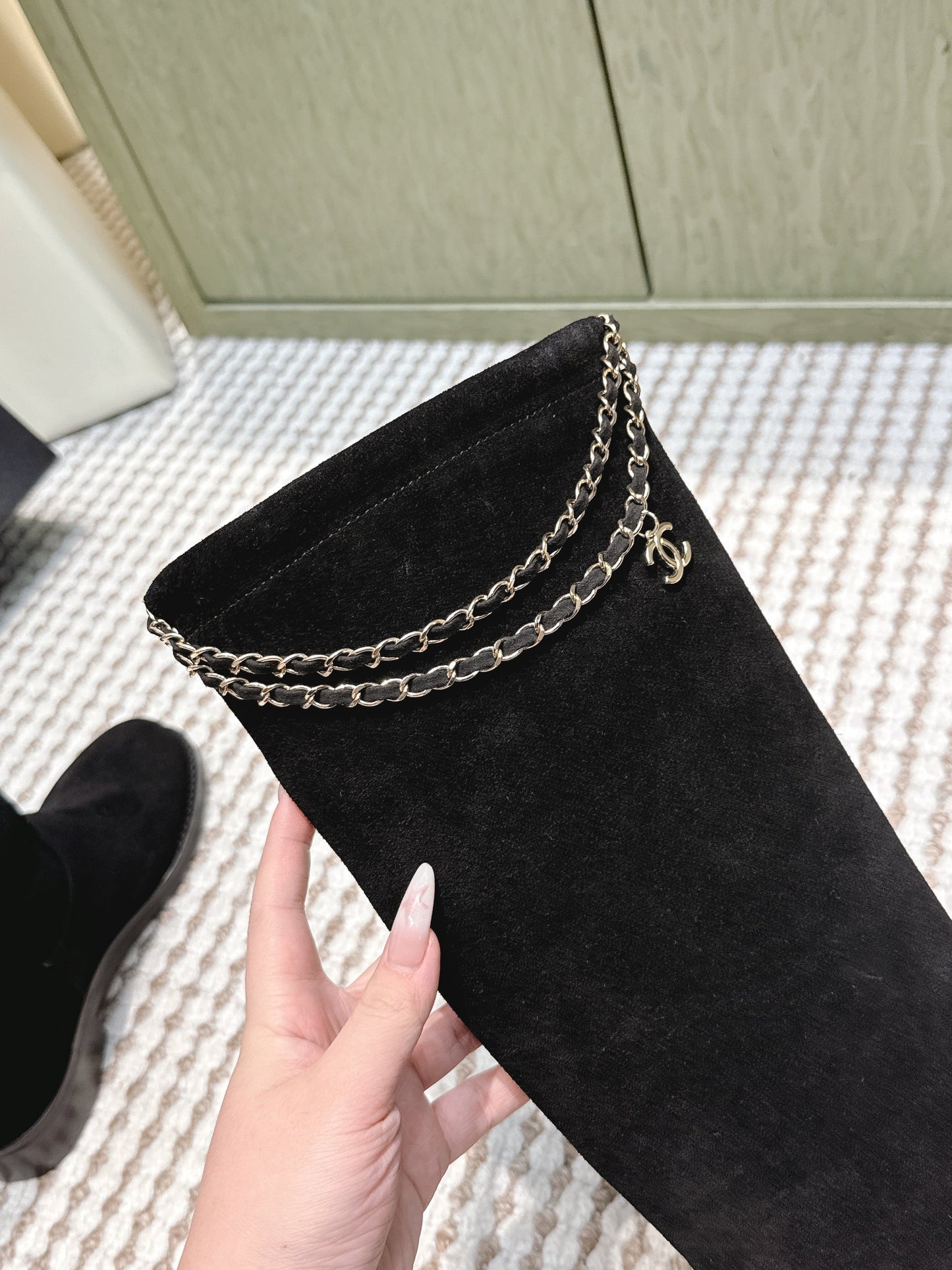 CHANEL 25S KNEE-HIGH BOOTS IN BLACK SUEDE GOLD HARDWARE - 35