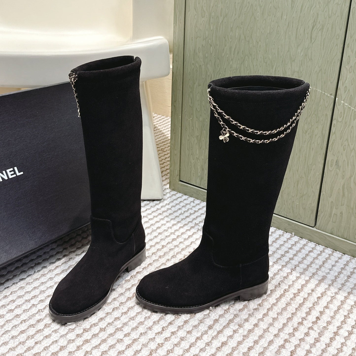 CHANEL 25S KNEE-HIGH BOOTS IN BLACK SUEDE GOLD HARDWARE - 35