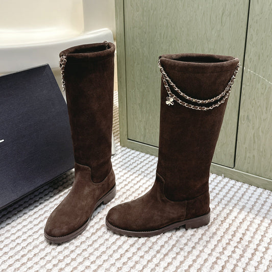 CHANEL 25S KNEE-HIGH BOOTS IN DARK BROWN SUEDE GOLD HARDWARE - 35