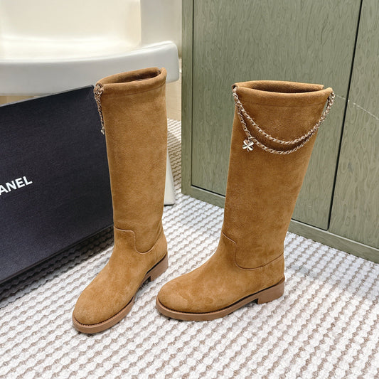 CHANEL 25S KNEE-HIGH BOOTS IN CARAMEL SUEDE GOLD HARDWARE - 35