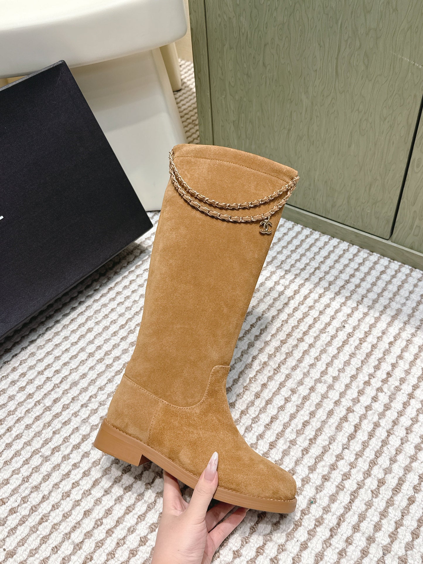CHANEL 25S KNEE-HIGH BOOTS IN CARAMEL SUEDE GOLD HARDWARE - 35