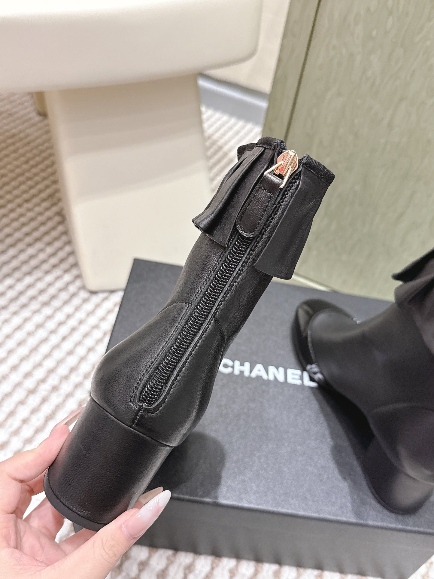 CHANEL 25S ANKLE BOOTS IN BLACK CALFSKIN GLOSSY TOE RUCHED - 35