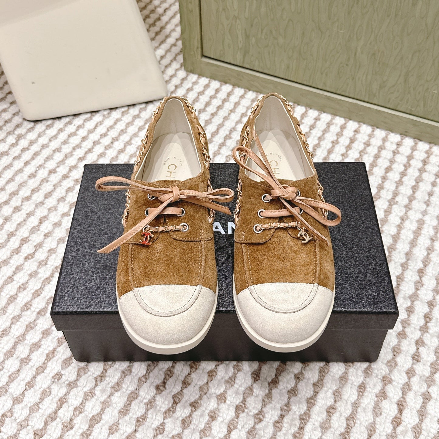 CHANEL 25S MOCCASINS IN BROWN AND LIGHT GREY SUEDE - 35