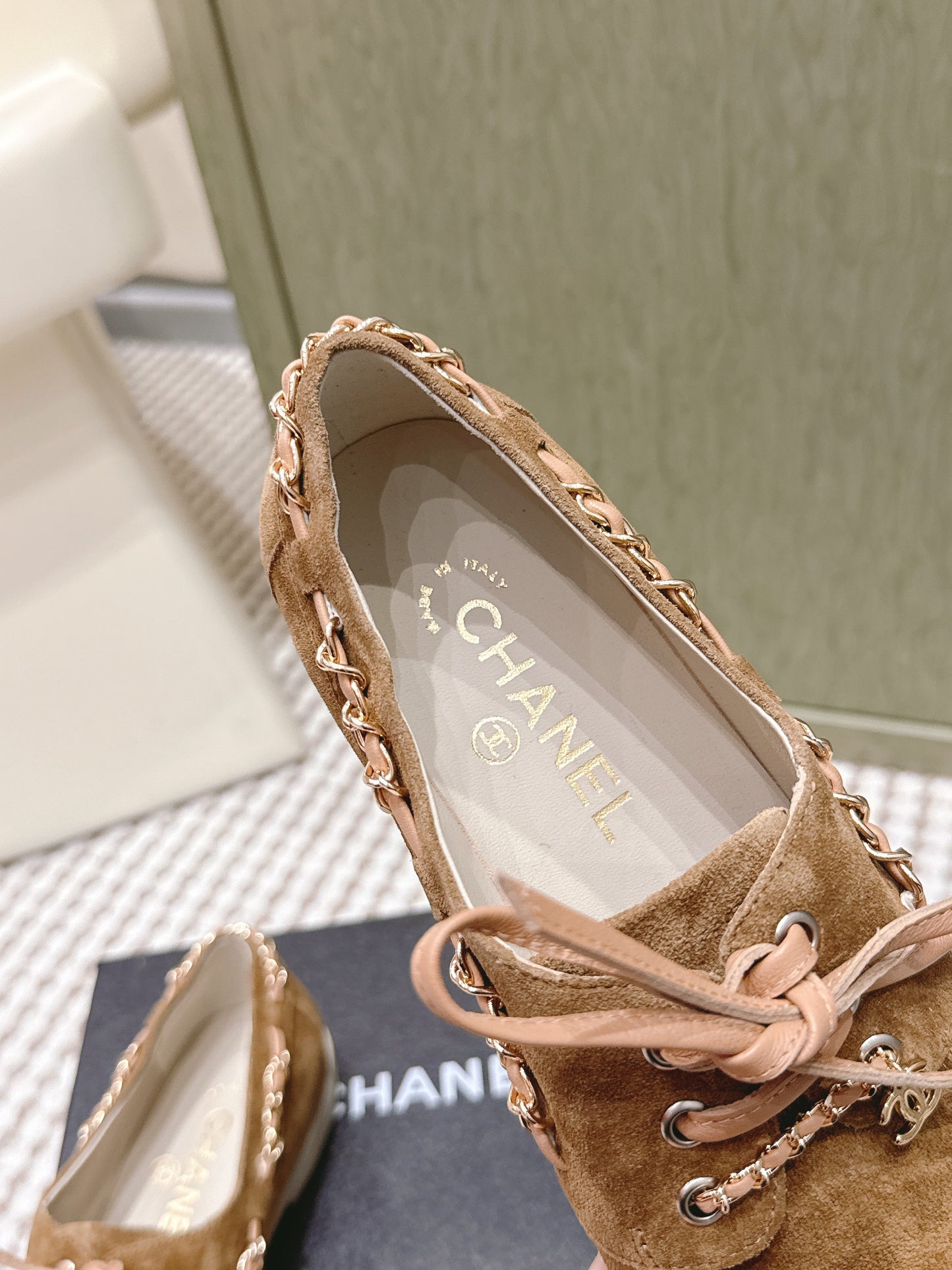 CHANEL 25S MOCCASINS IN BROWN AND LIGHT GREY SUEDE - 35