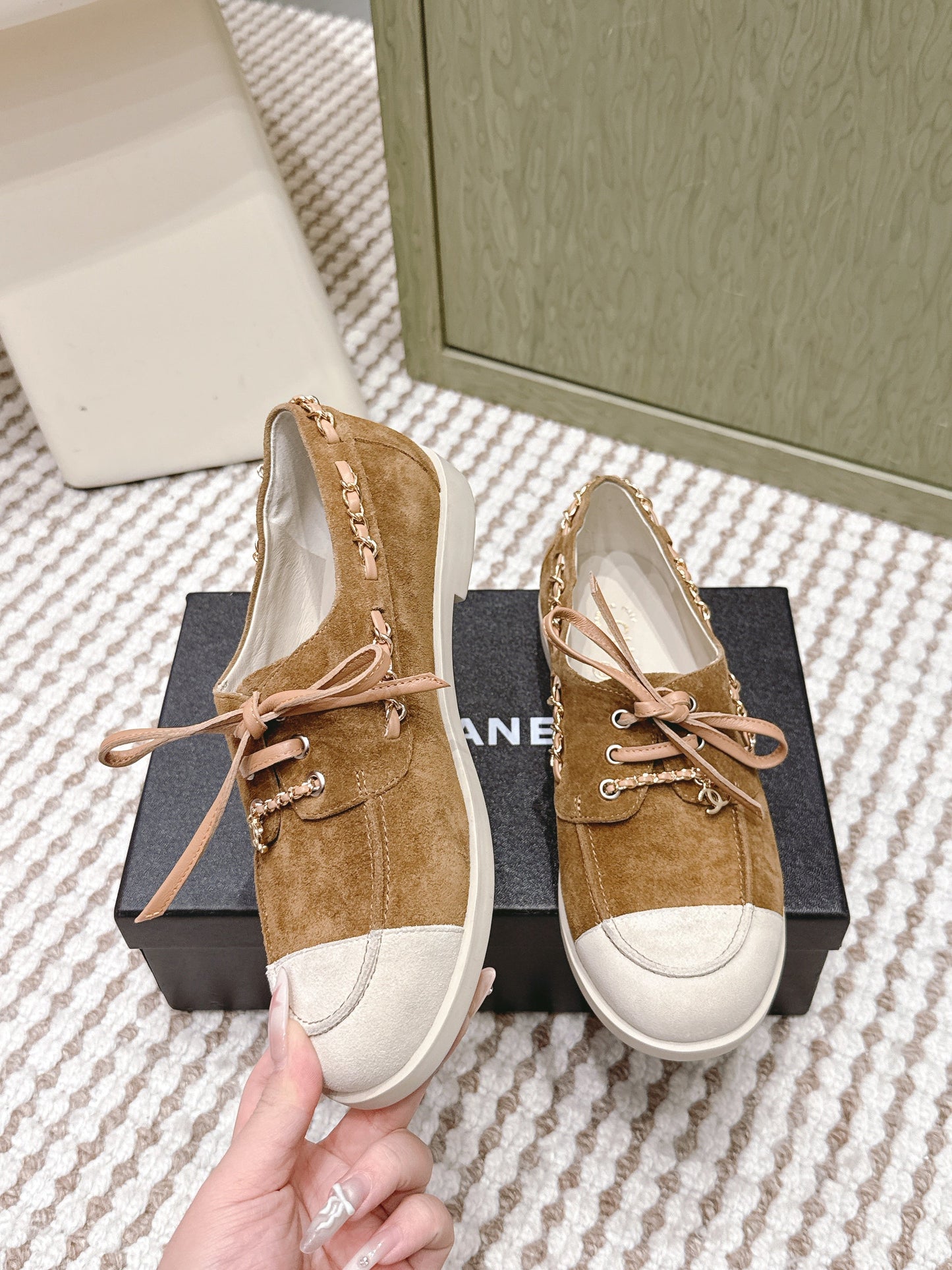 CHANEL 25S MOCCASINS IN BROWN AND LIGHT GREY SUEDE - 35