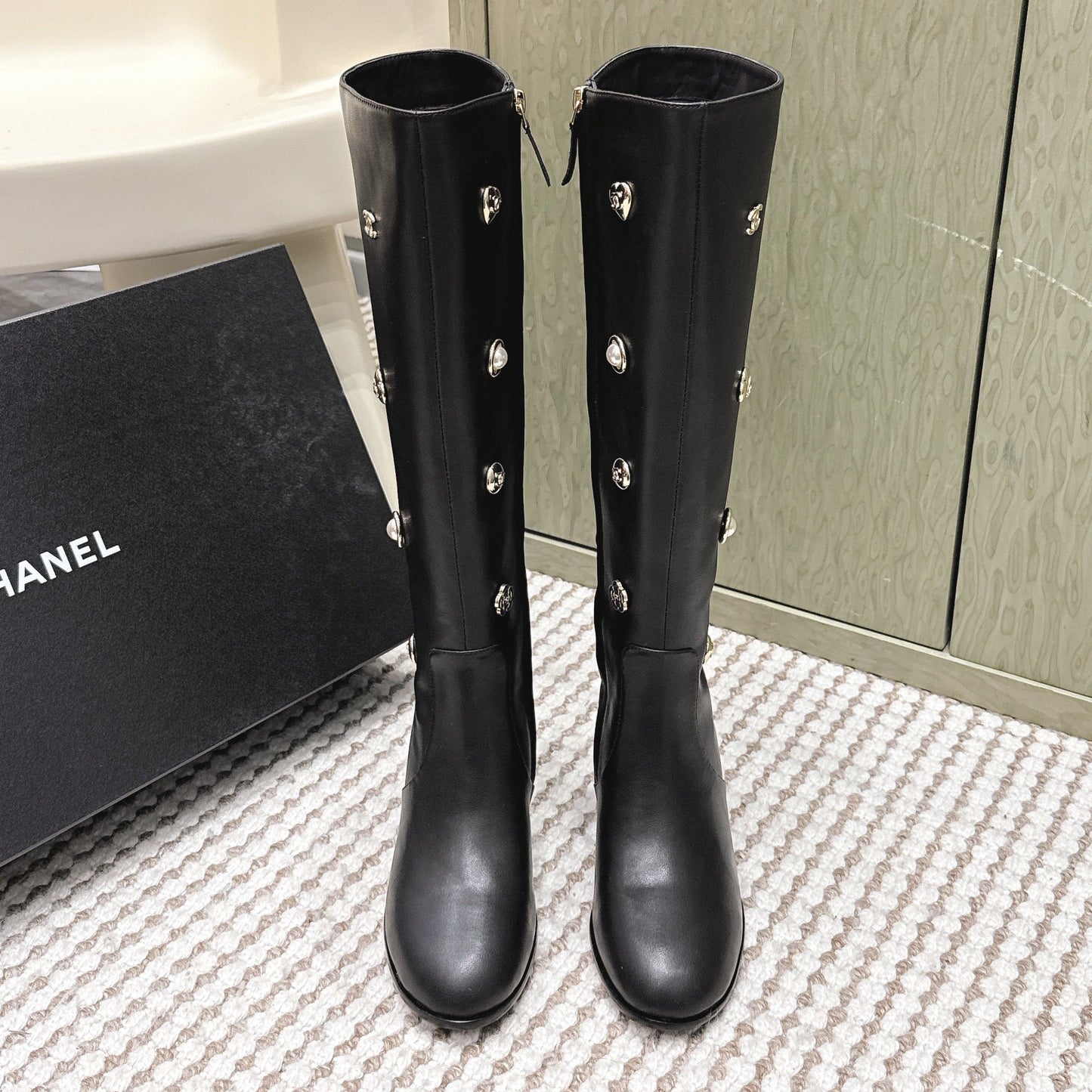 CHANEL 25S KNEE-HIGH BOOTS IN BLACK CALFSKIN WITH RHINESTONES - 35