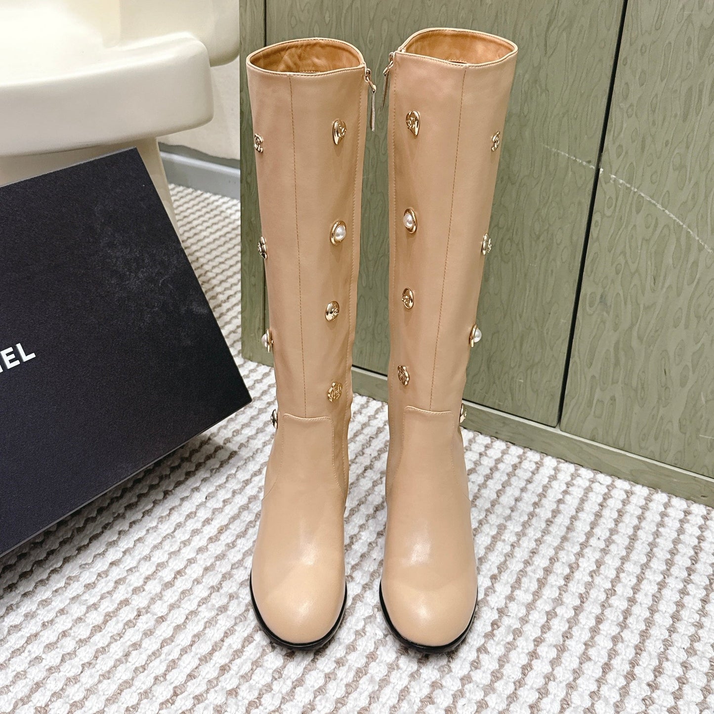 CHANEL 25S KNEE-HIGH BOOTS IN BEIGE CALFSKIN WITH RHINESTONES - 35