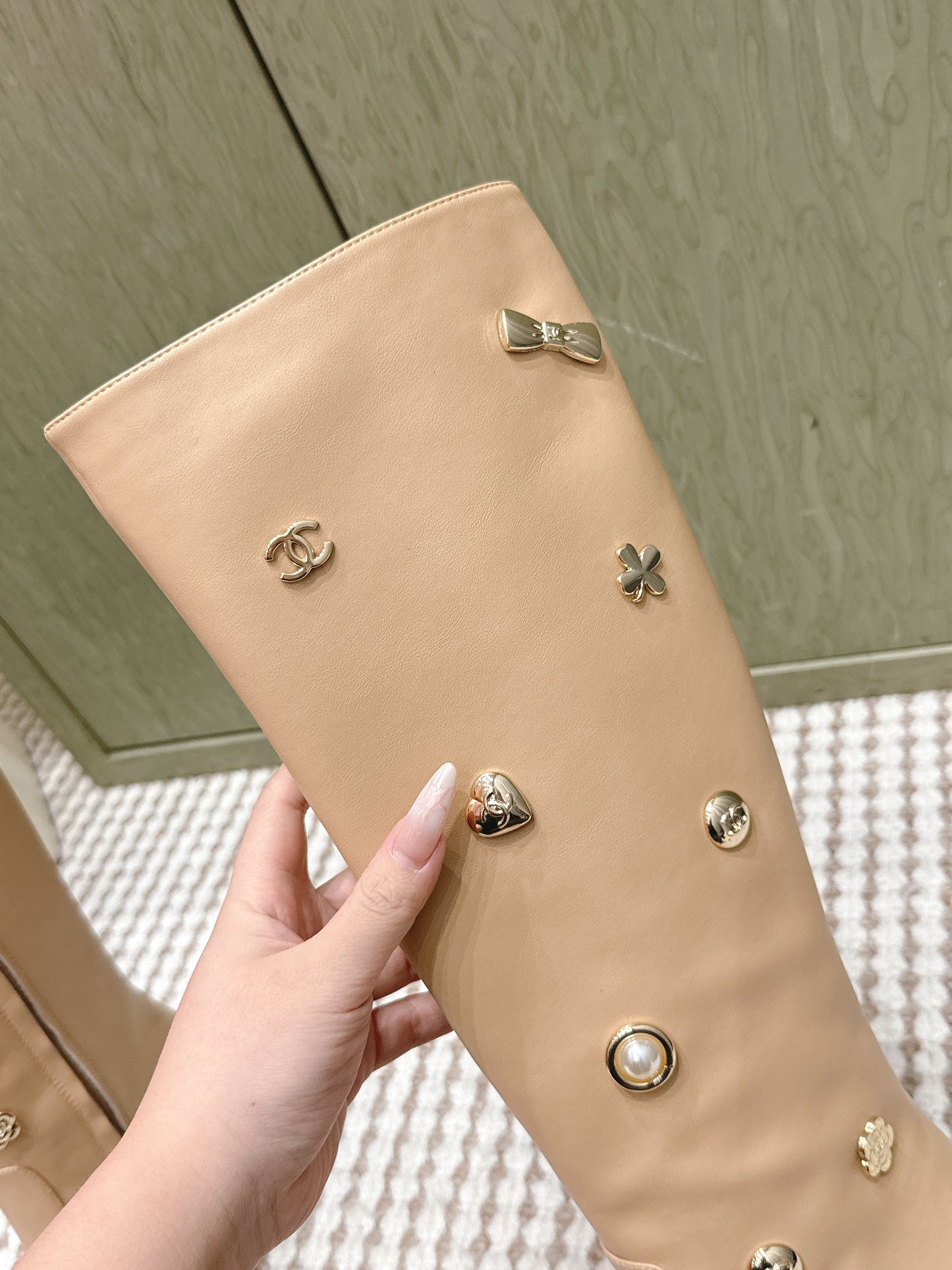 CHANEL 25S KNEE-HIGH BOOTS IN BEIGE CALFSKIN WITH RHINESTONES - 35