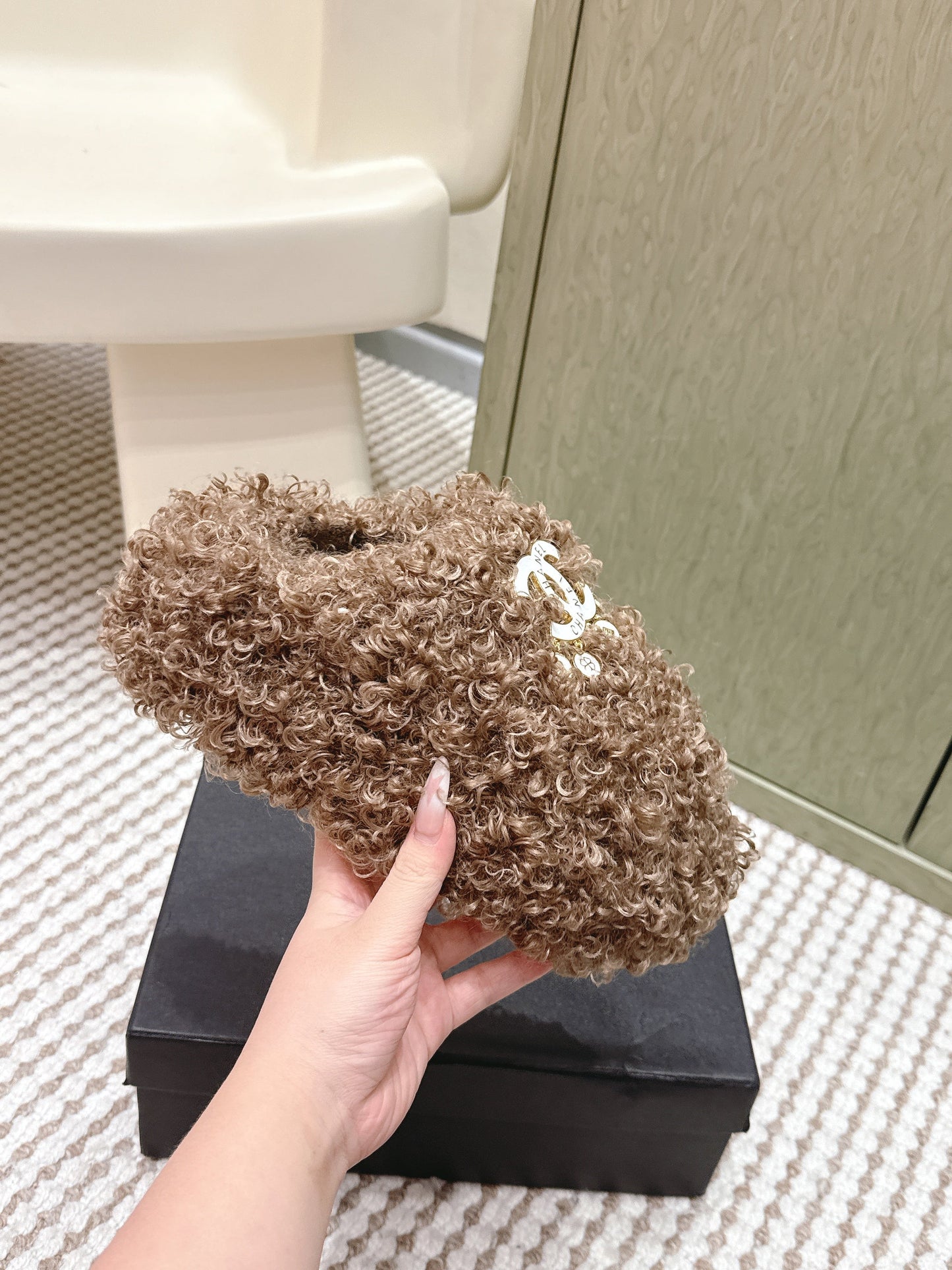 CHANEL 25S CLASSIC FURRY SLIDES IN BROWN WITH DOUBLE C LOGO - 35