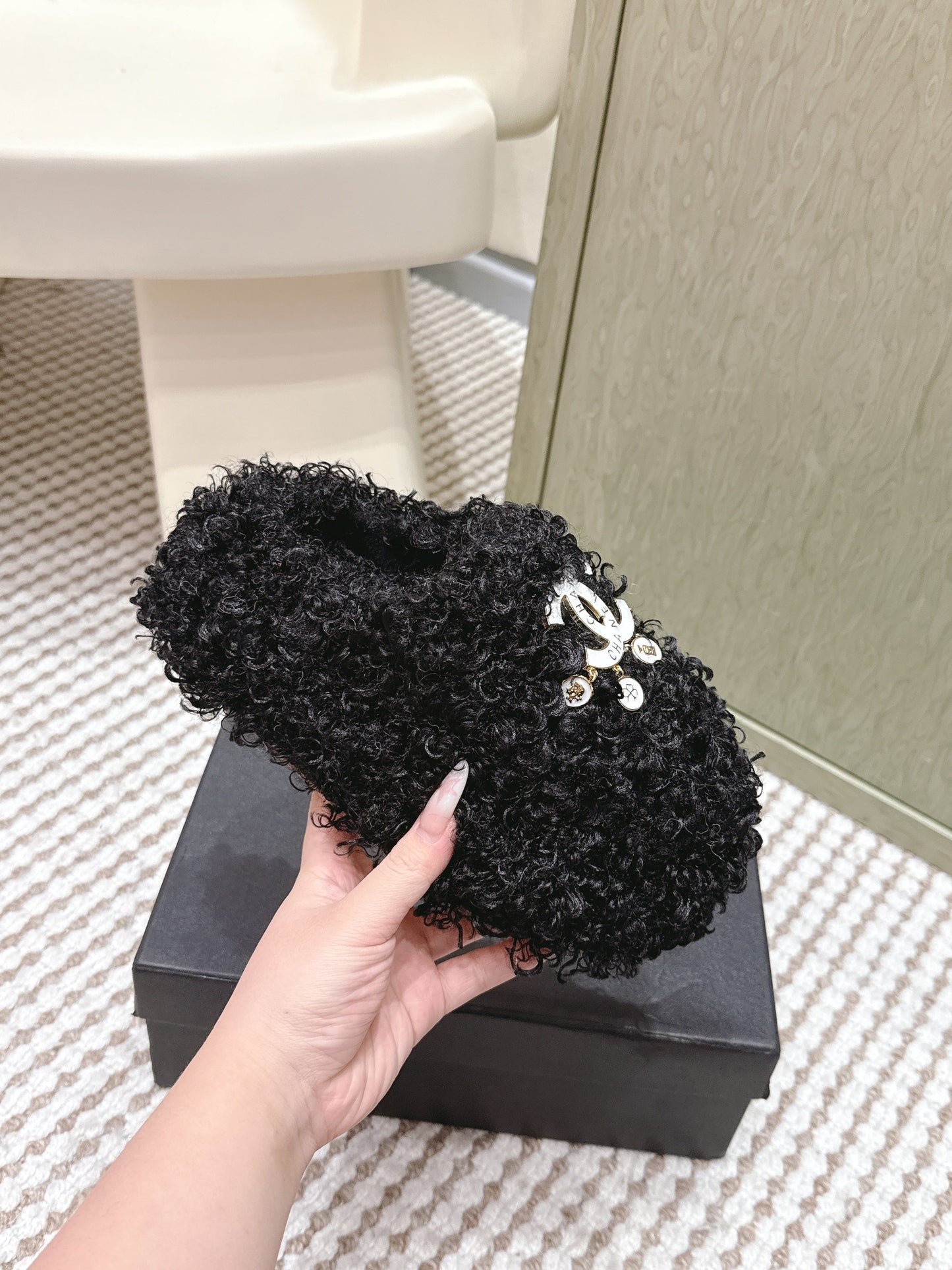 CHANEL 25S CLASSIC FURRY SLIDES IN BLACK WITH DOUBLE C LOGO - 35
