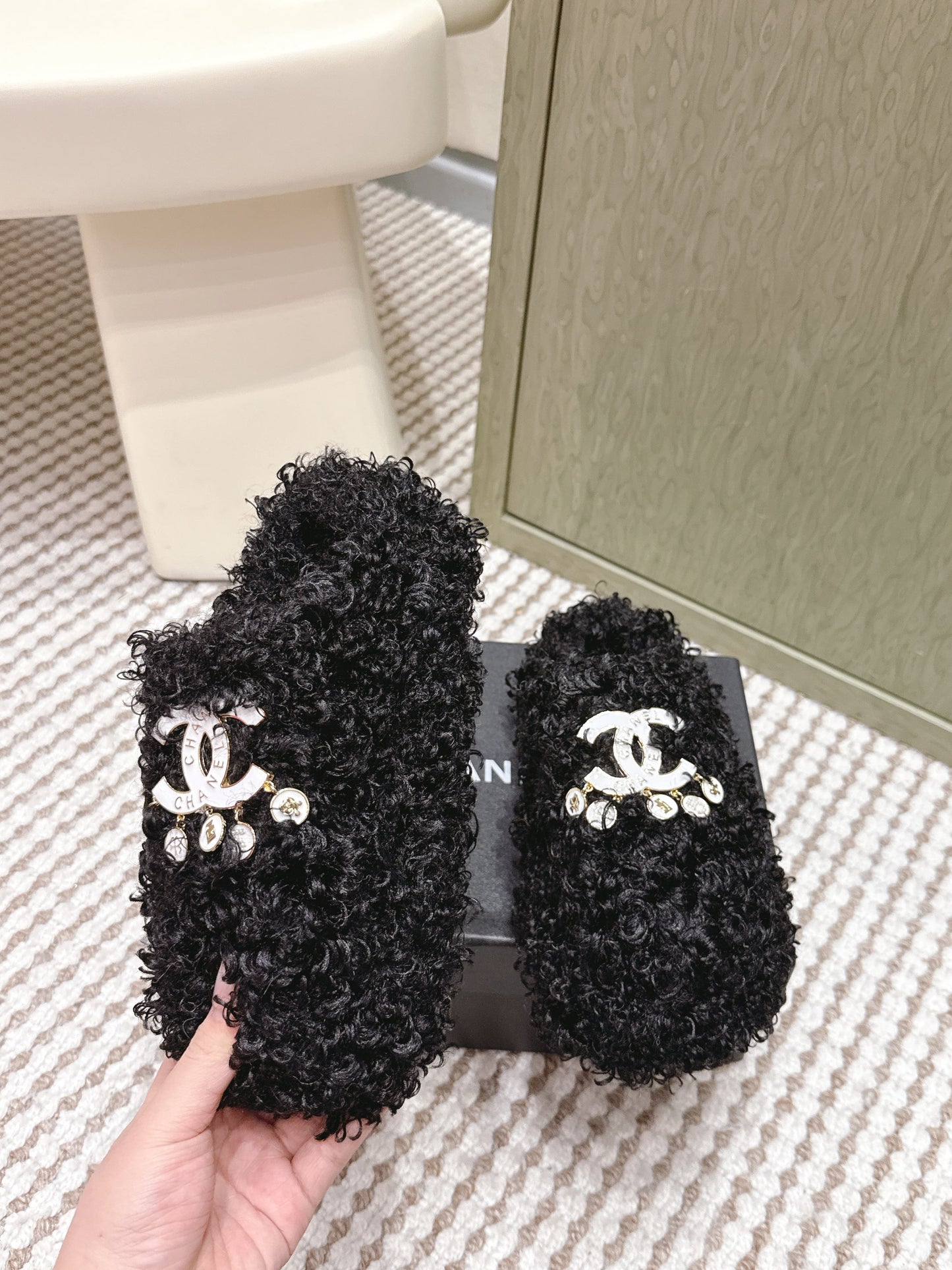 CHANEL 25S CLASSIC FURRY SLIDES IN BLACK WITH DOUBLE C LOGO - 35