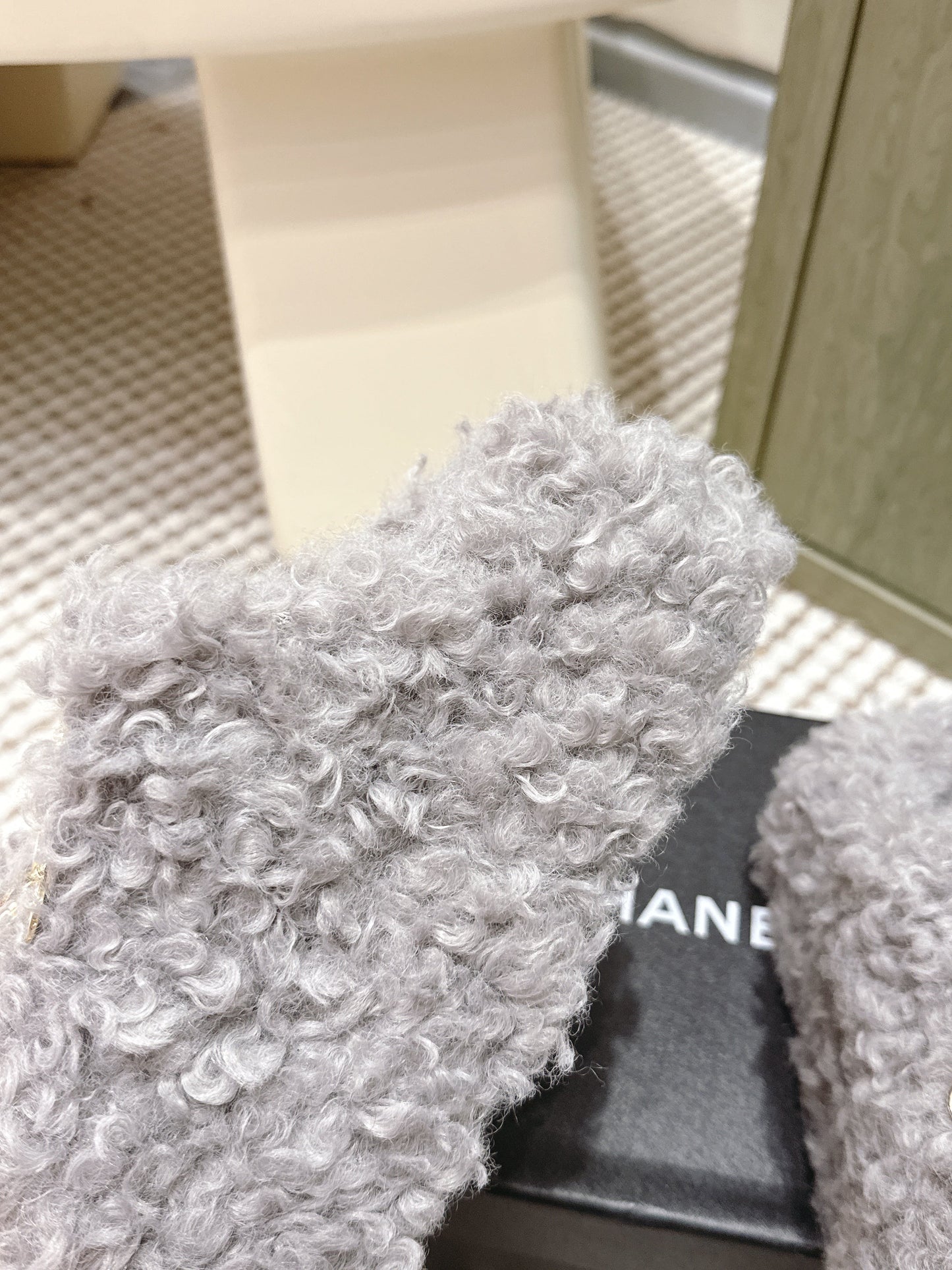 CHANEL 25S CLASSIC FURRY SLIDES IN GRAY WITH DOUBLE C LOGO - 35