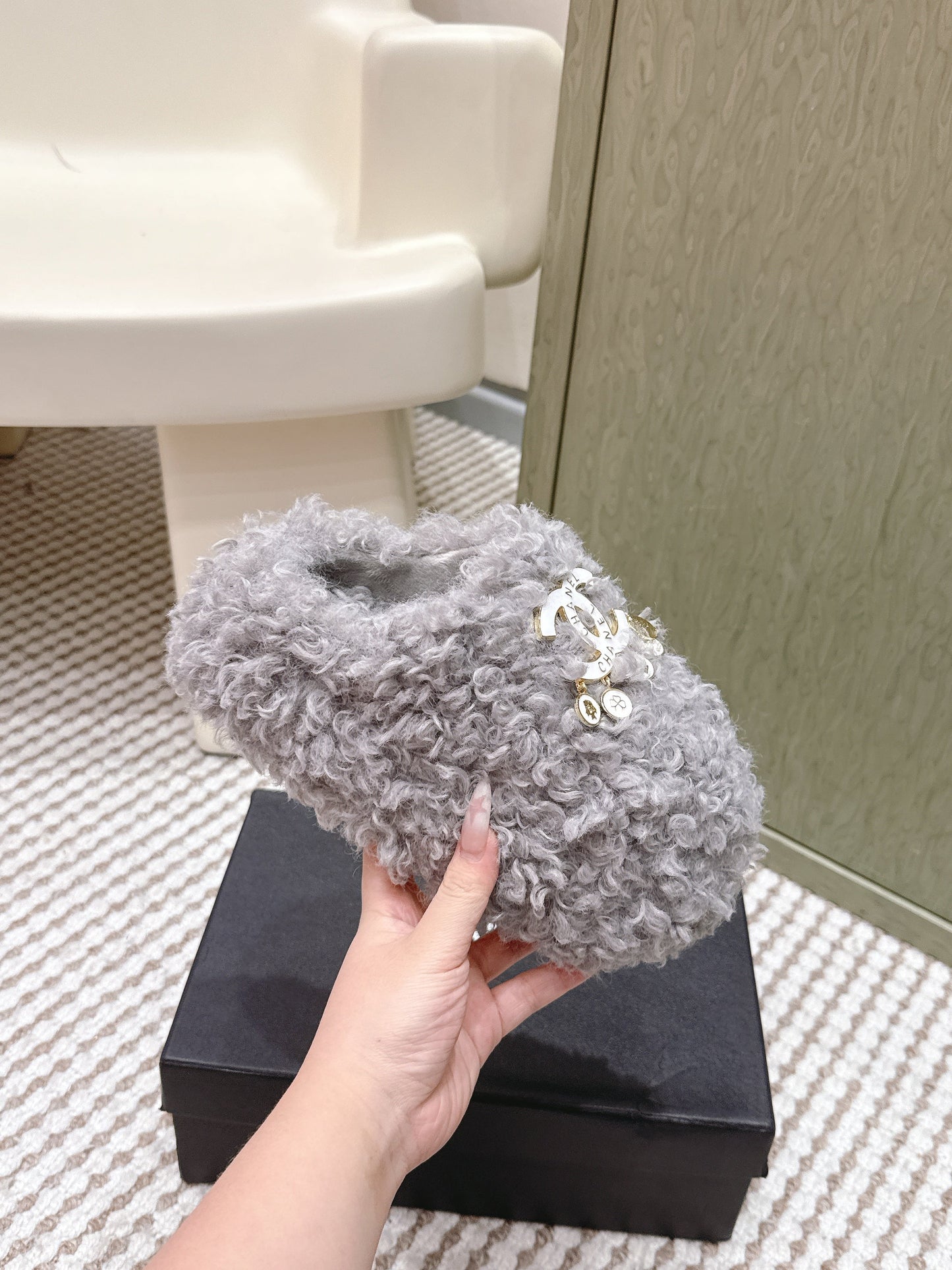 CHANEL 25S CLASSIC FURRY SLIDES IN GRAY WITH DOUBLE C LOGO - 35