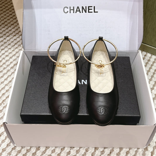 CHANEL 25S BALLERINA SHOES IN BLACK CALFSKIN GOLD HARDWARE - 35