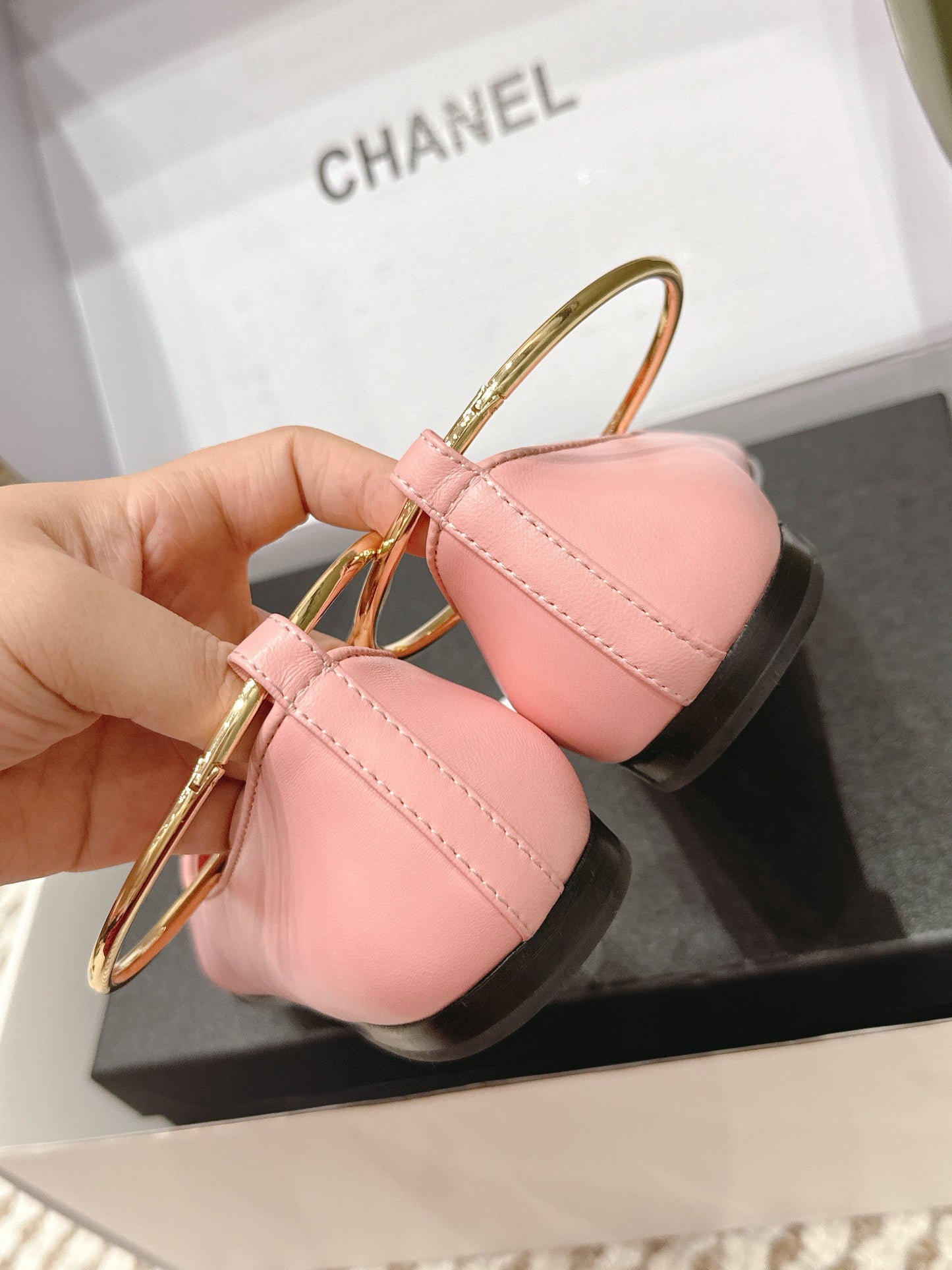 CHANEL 25S BALLERINA SHOES IN PINK AND BLACK CALFSKIN GOLD HARDWARE - 35
